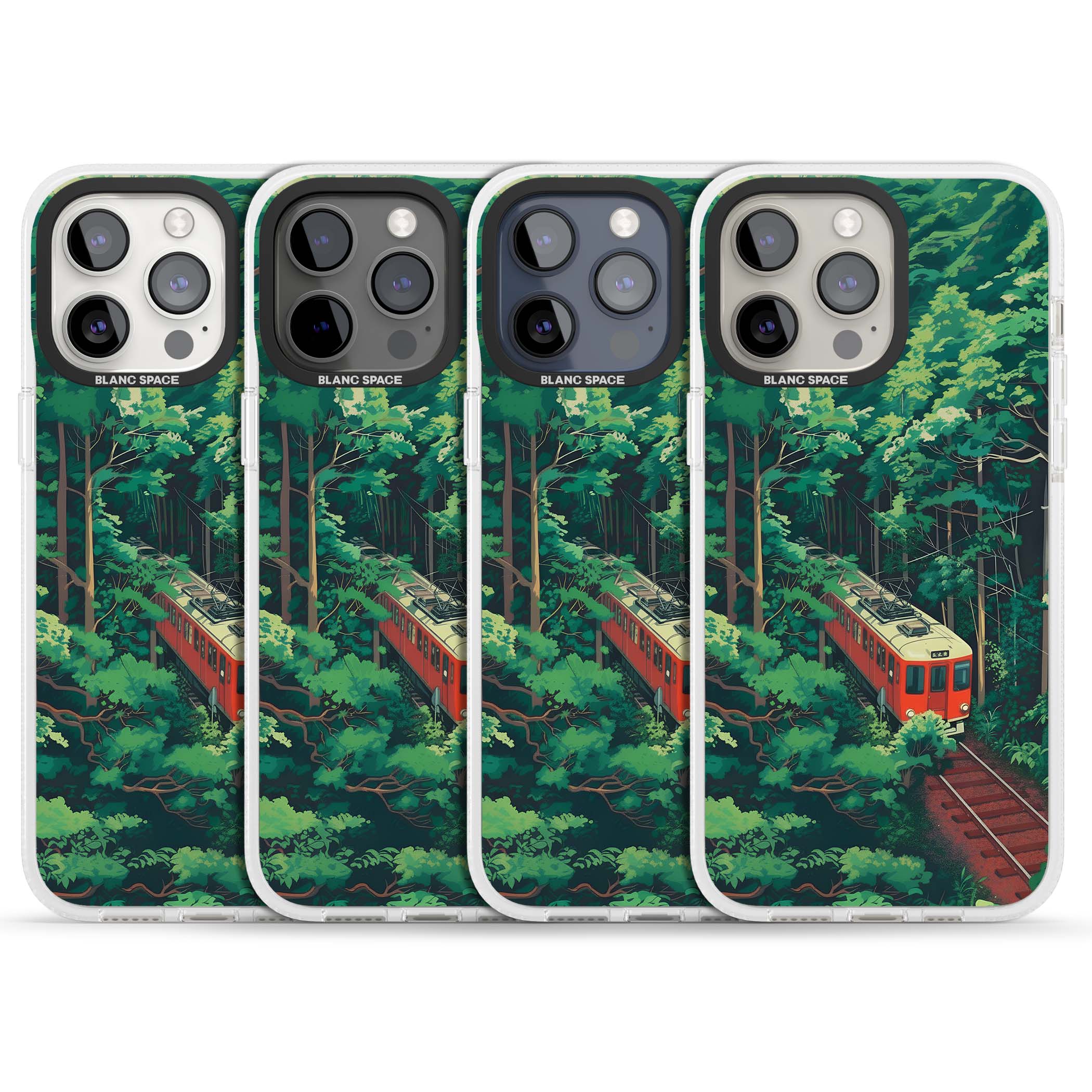 Railway In Toyama Japanese iPhone case featuring a red train, cedar forest and winding mountain railway tracks | Clear Case Impact Air case for iPhone 15 Pro, iPhone 15 Pro Max