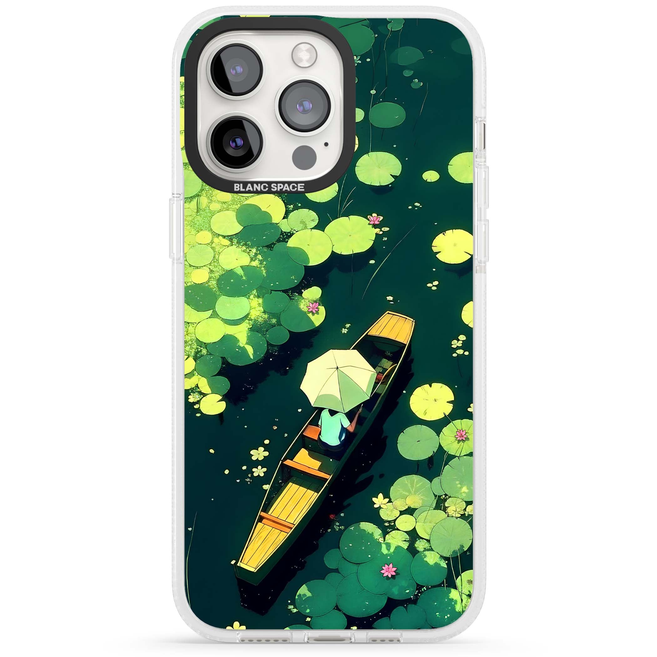 Jade Waters cottagecore iPhone case featuring a painted lily pond, wooden boat with parasol and floating water lilies | Clear Case Impact Air case for iPhone 15 Pro, iPhone 15 Pro Max