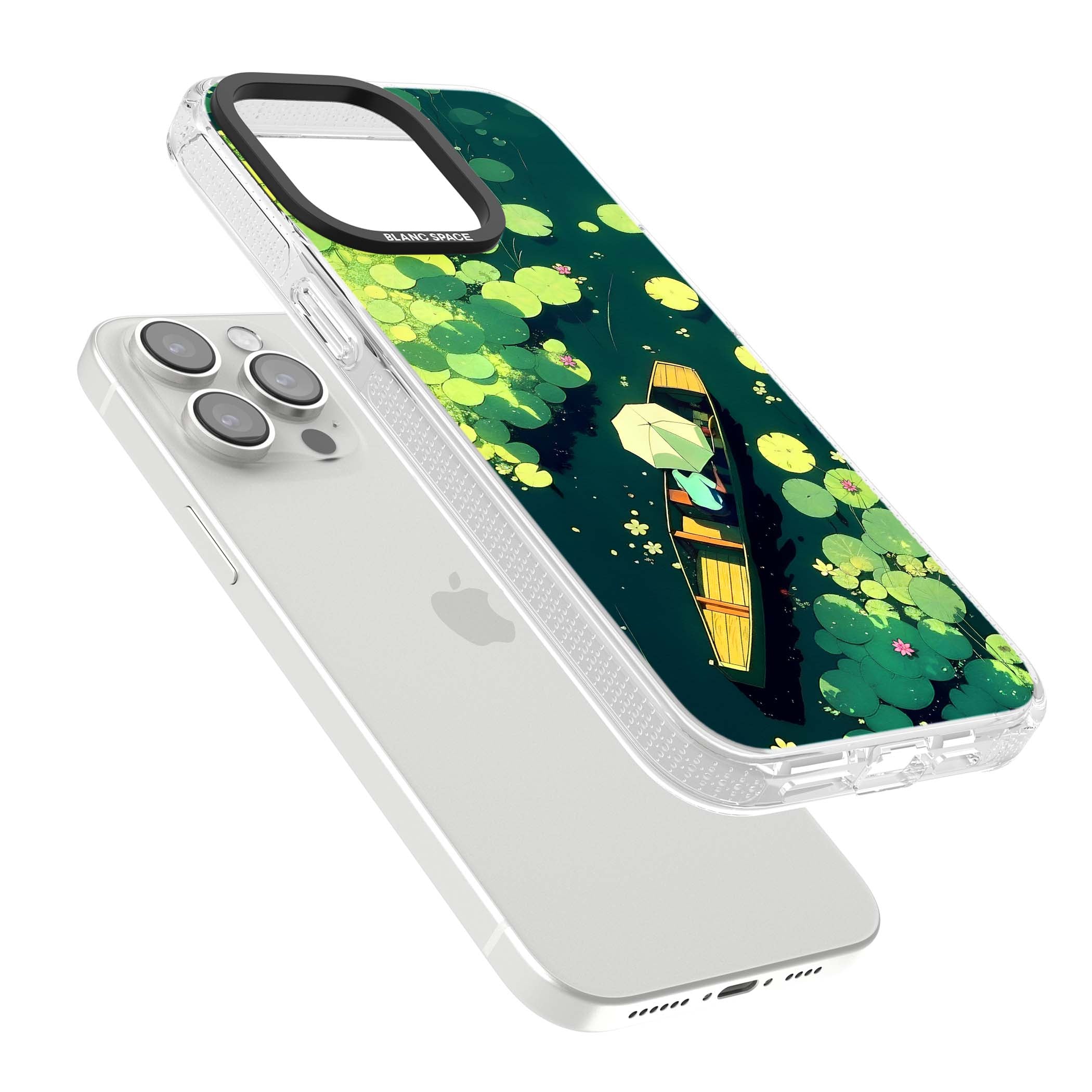 Jade Waters cottagecore iPhone case featuring a painted lily pond, wooden boat with parasol and floating water lilies | Clear Case Impact Air case for iPhone 15 Pro, iPhone 15 Pro Max