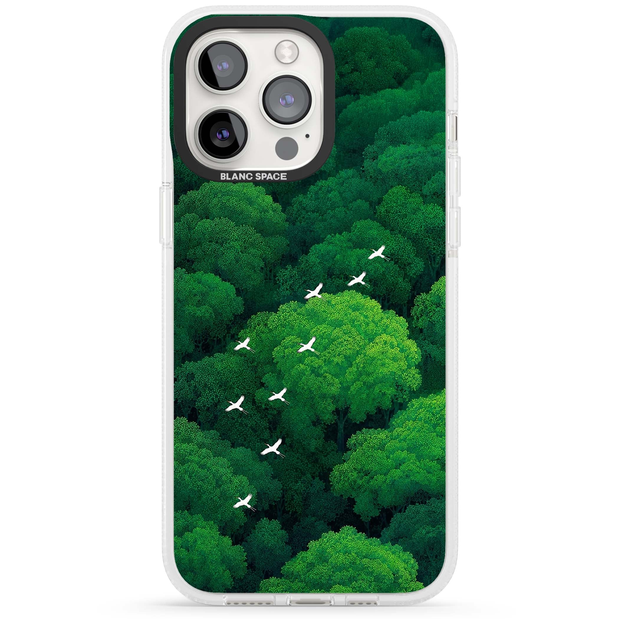 Grove Migration forest iPhone case featuring white cranes flying over lush green treetop canopy | Clear Case Impact Air case for iPhone 15 Pro, iPhone 15 Pro Max