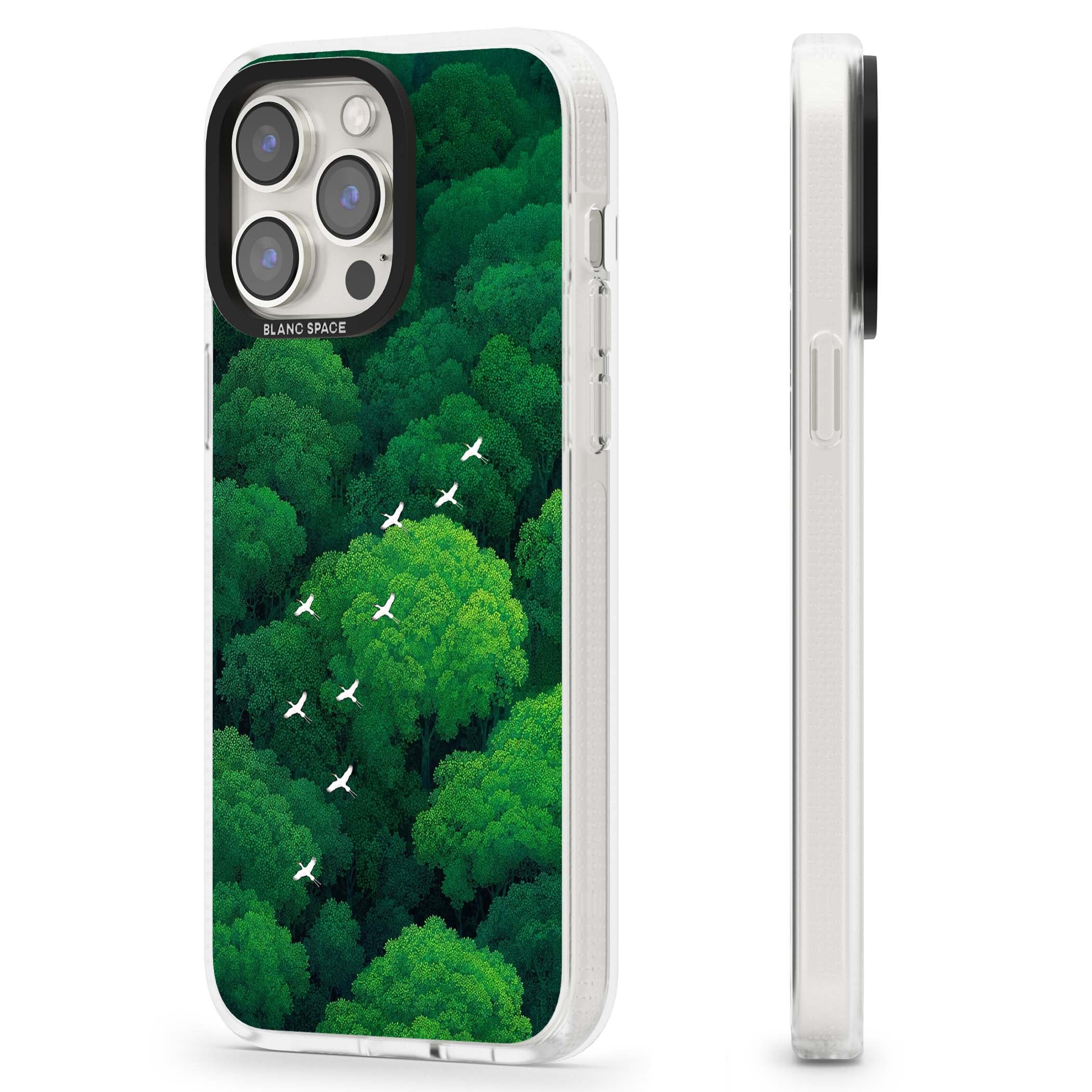 Grove Migration forest iPhone case featuring white cranes flying over lush green treetop canopy | Clear Case Impact Air case for iPhone 15 Pro, iPhone 15 Pro Max