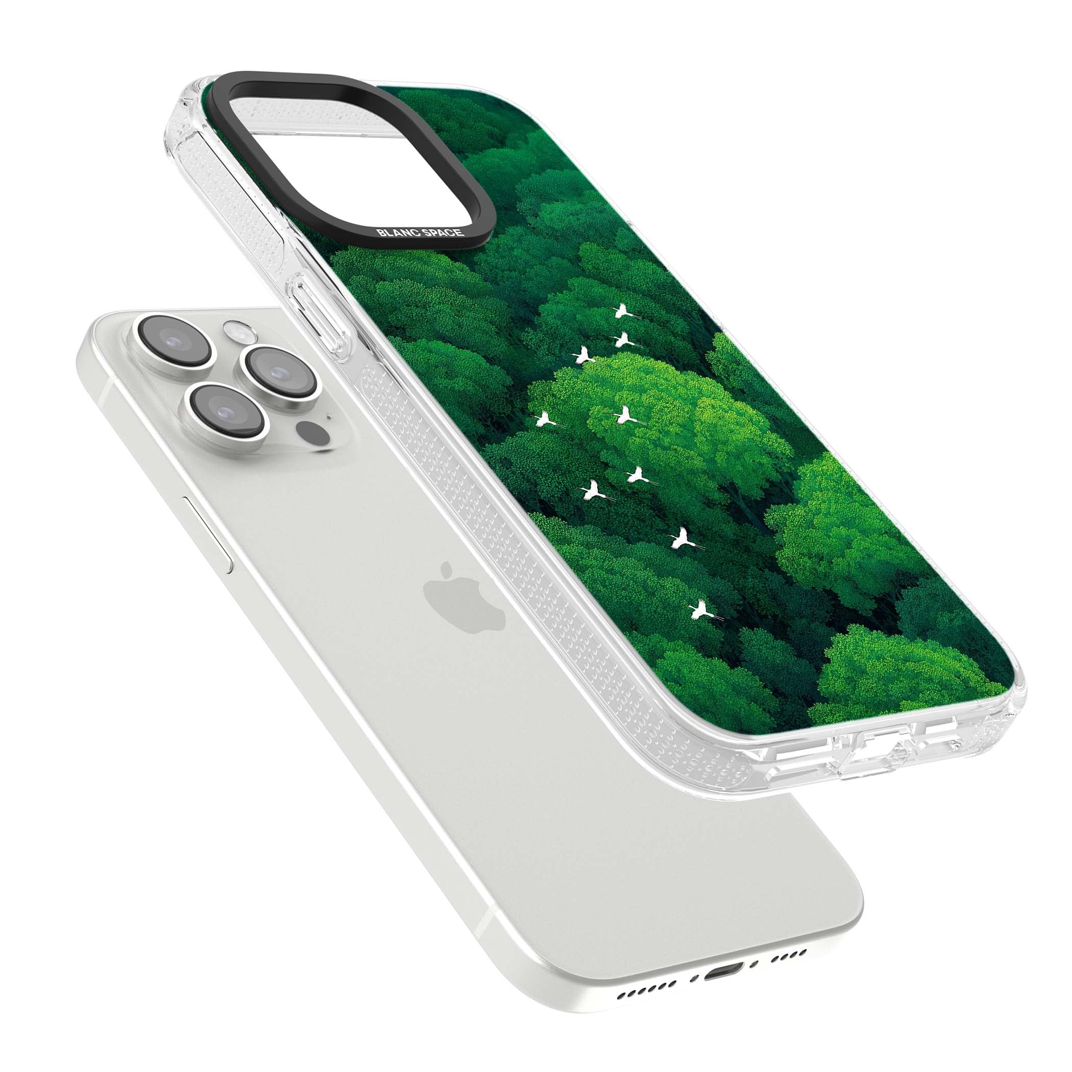 Grove Migration forest iPhone case featuring white cranes flying over lush green treetop canopy | Clear Case Impact Air case for iPhone 15 Pro, iPhone 15 Pro Max