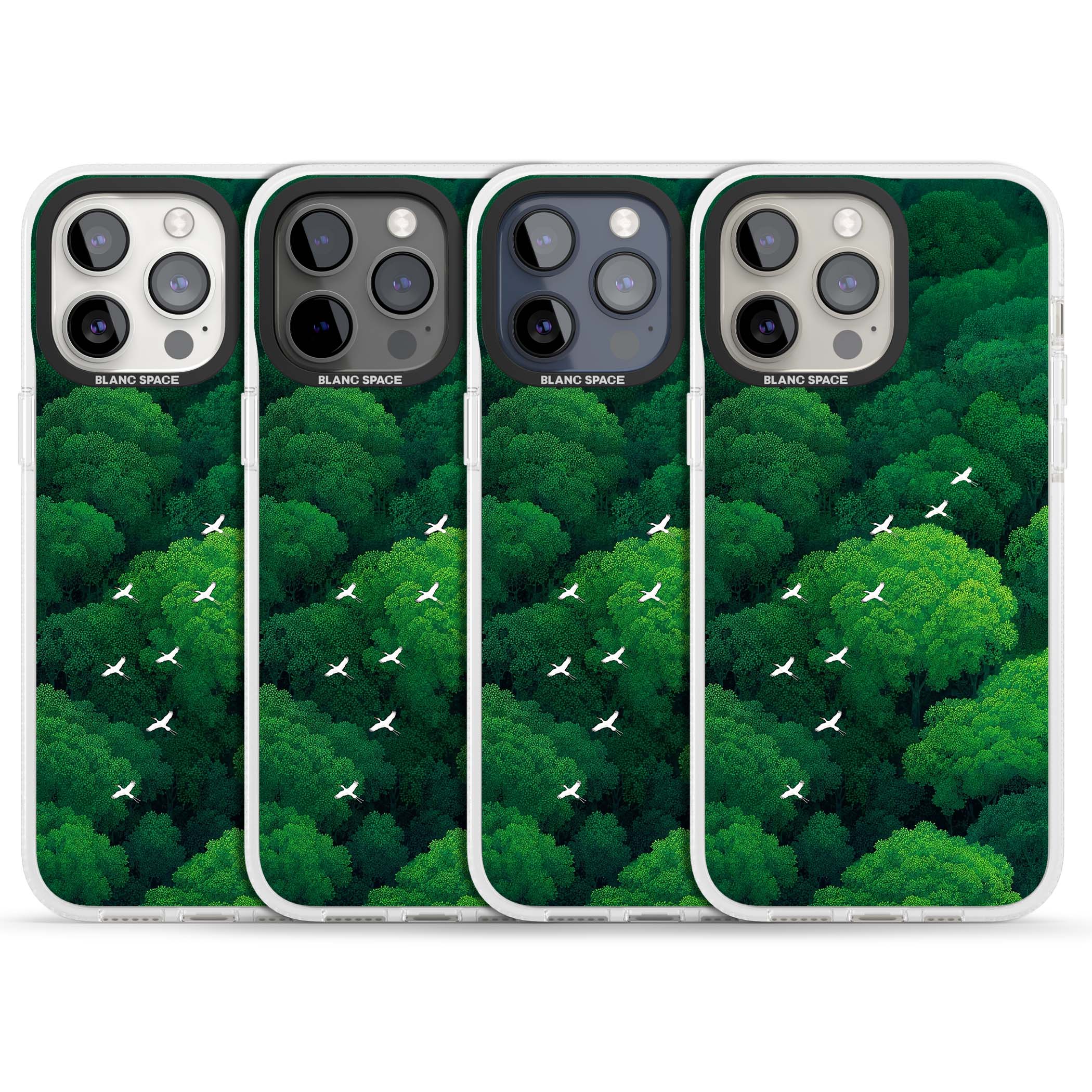 Grove Migration forest iPhone case featuring white cranes flying over lush green treetop canopy | Clear Case Impact Air case for iPhone 15 Pro, iPhone 15 Pro Max