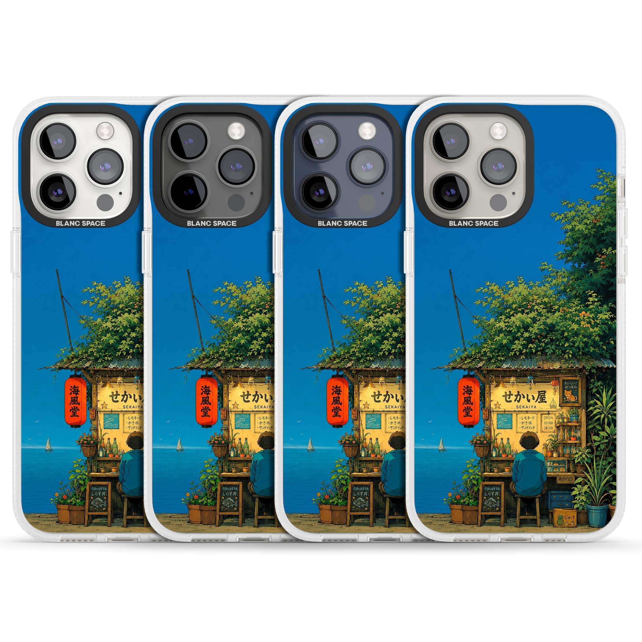 The Shirahama Kiosk anime iPhone case featuring a Japanese seaside shop, red paper lantern and ocean view | Clear Case Impact Air case for iPhone 15 Pro, iPhone 15 Pro Max