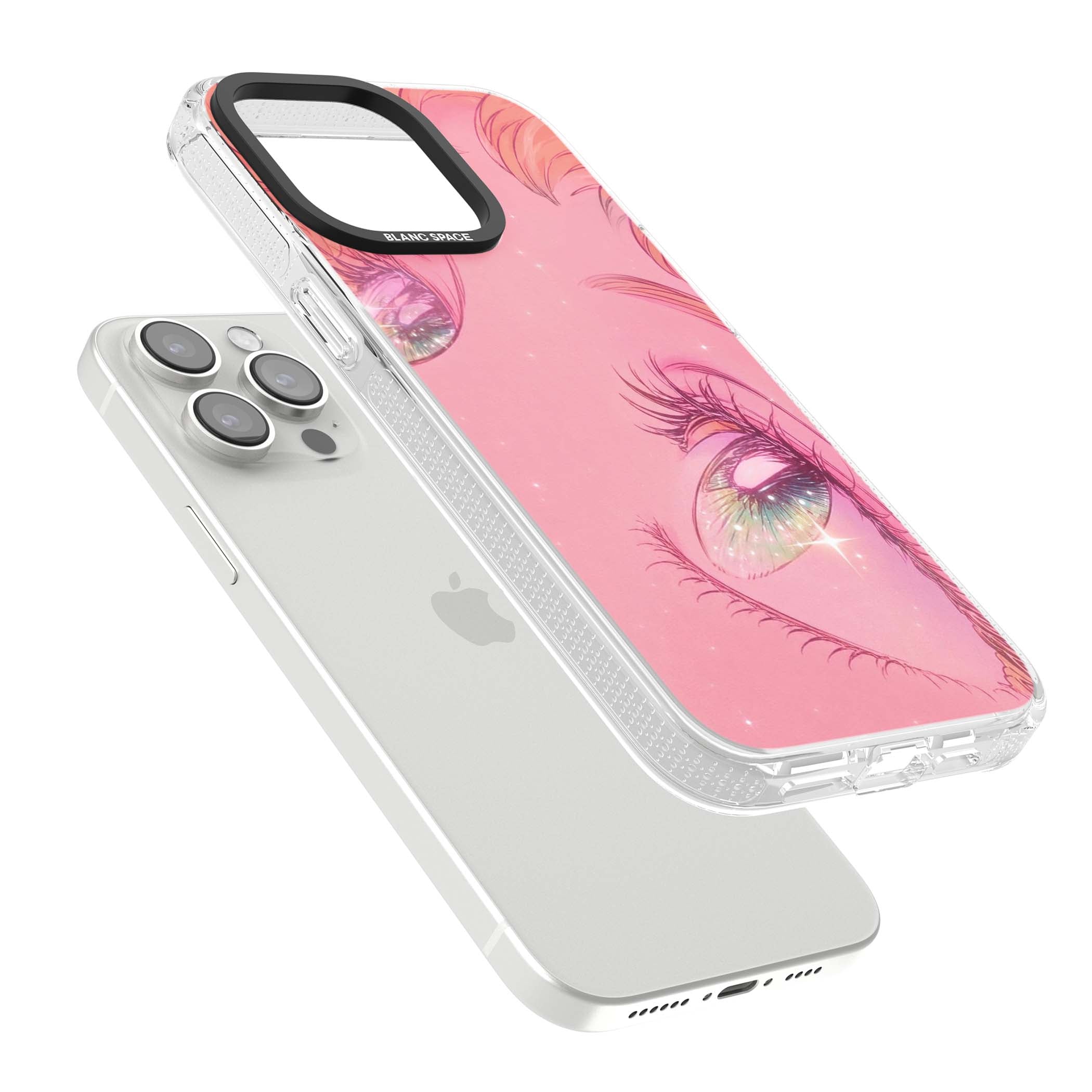 Pink Ethereal Gaze anime iPhone case featuring sparkling manga eyes, coral lashes and dreamy peach sky | Clear Case Impact Air case for iPhone 15 Pro, iPhone 15 Pro Max