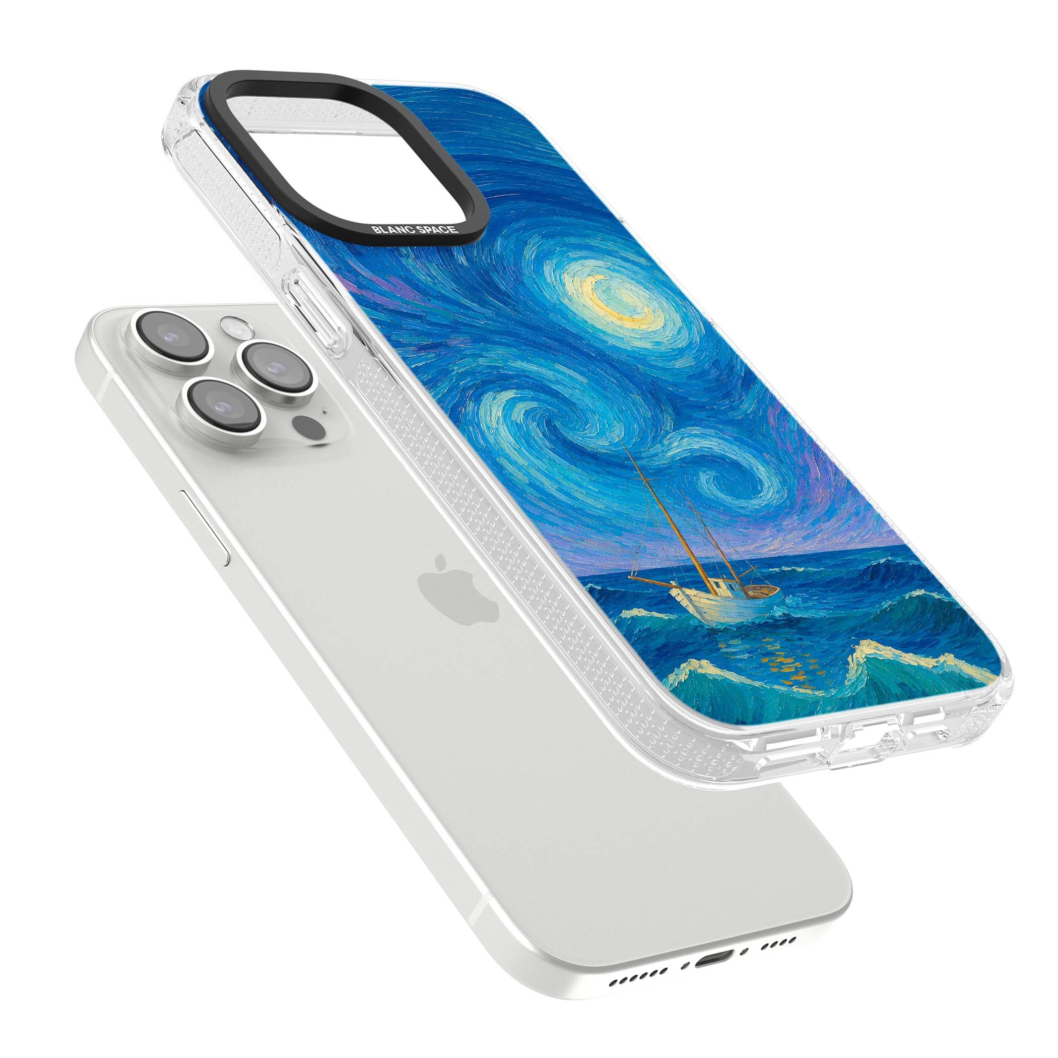 Moonlit Tide Van Gogh art iPhone case featuring swirling starry night sky, glowing moon and lone sailing boat at sea | Clear Case Impact Air case for iPhone 15 Pro, iPhone 15 Pro Max