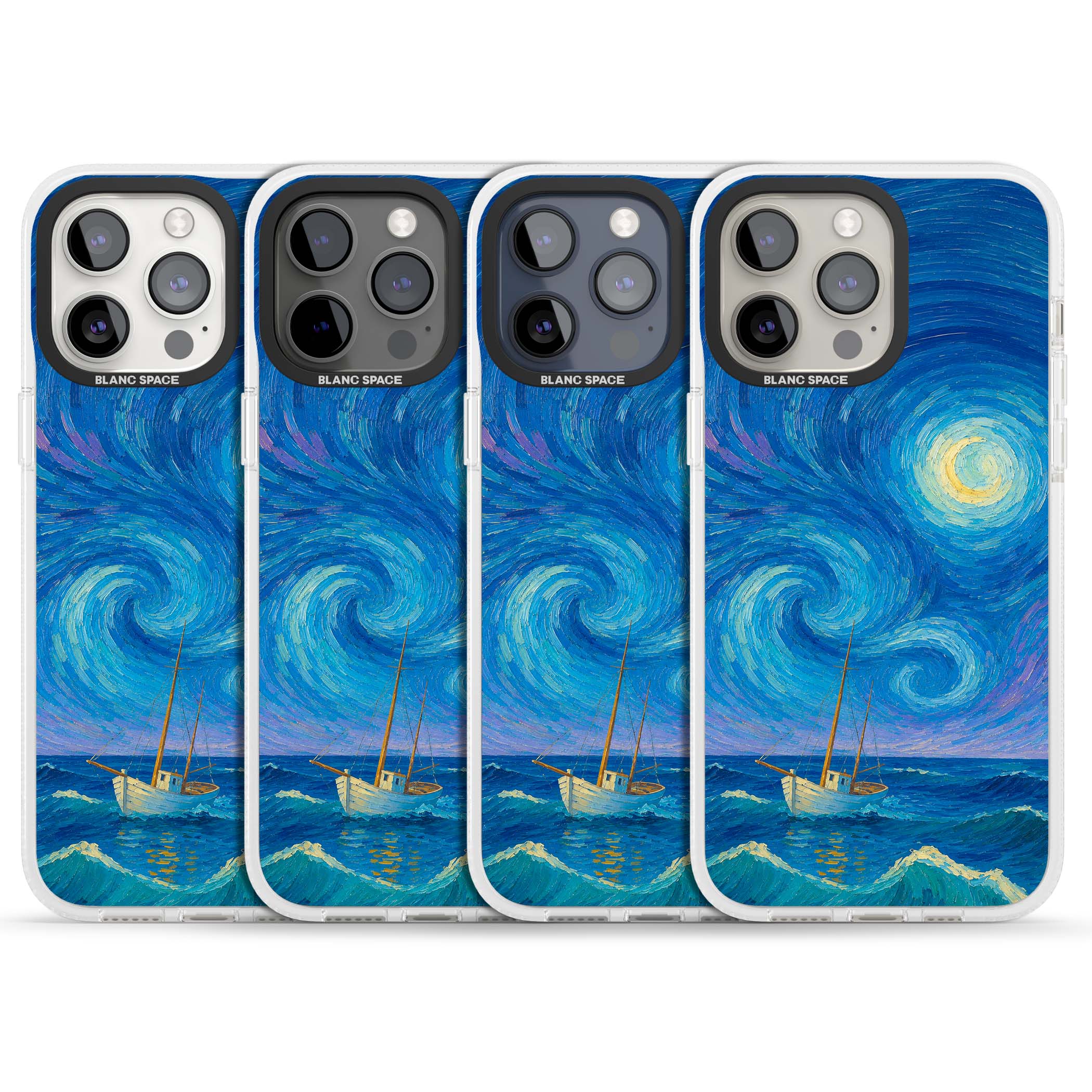 Moonlit Tide Van Gogh art iPhone case featuring swirling starry night sky, glowing moon and lone sailing boat at sea | Clear Case Impact Air case for iPhone 15 Pro, iPhone 15 Pro Max