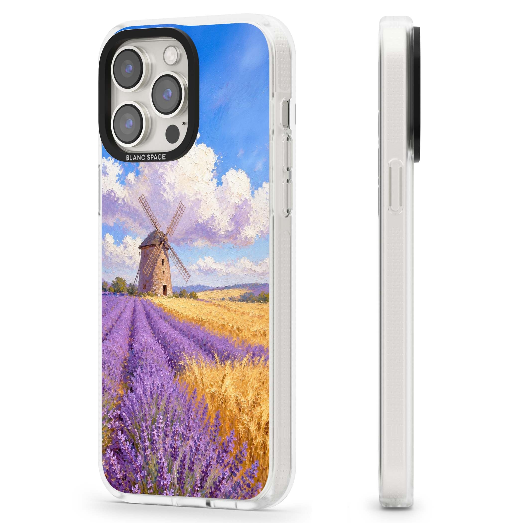Lavender Mill cottagecore iPhone case featuring a French windmill, lavender field and golden wheat oil painting | Clear Case Impact Air case for iPhone 15 Pro, iPhone 15 Pro Max