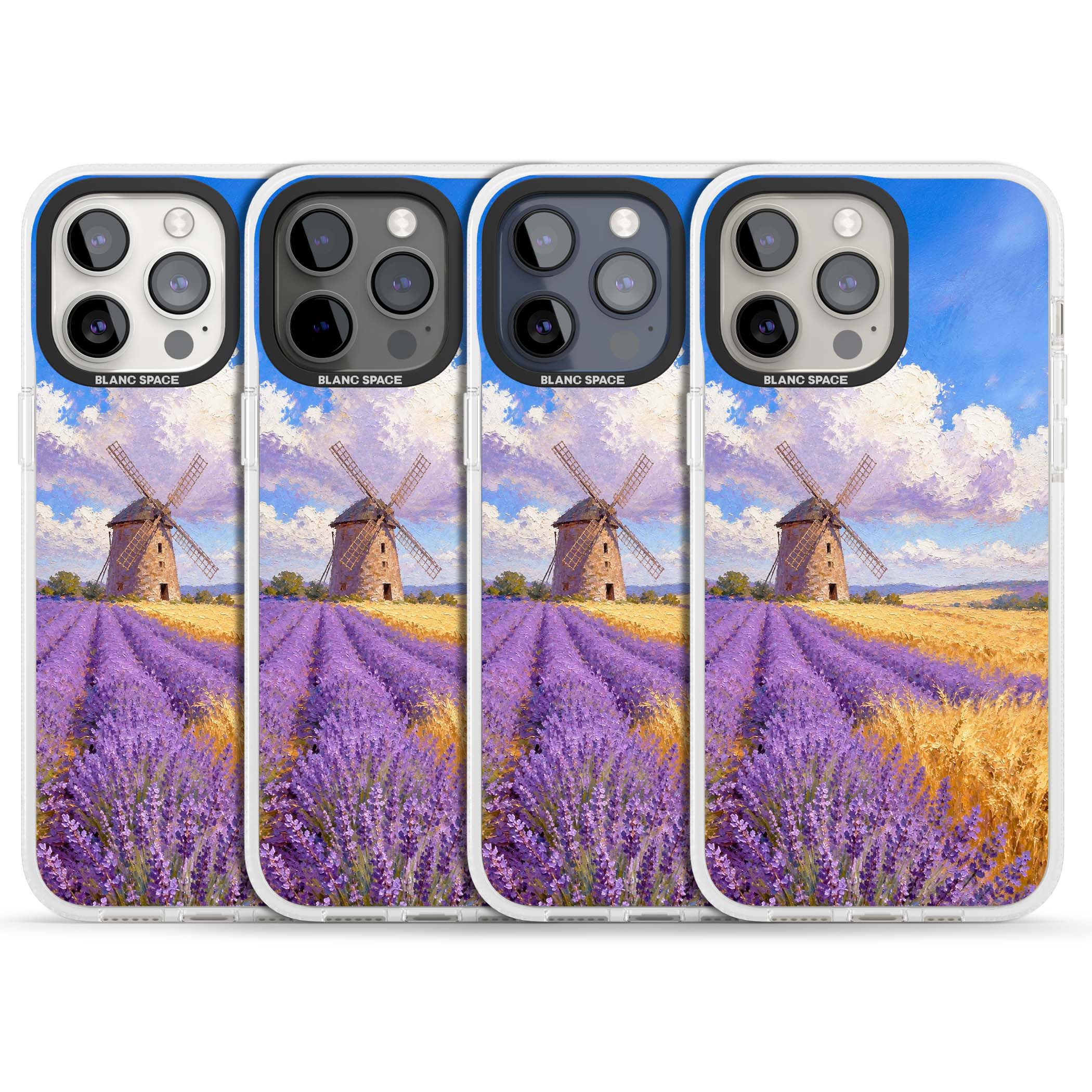 Lavender Mill cottagecore iPhone case featuring a French windmill, lavender field and golden wheat oil painting | Clear Case Impact Air case for iPhone 15 Pro, iPhone 15 Pro Max