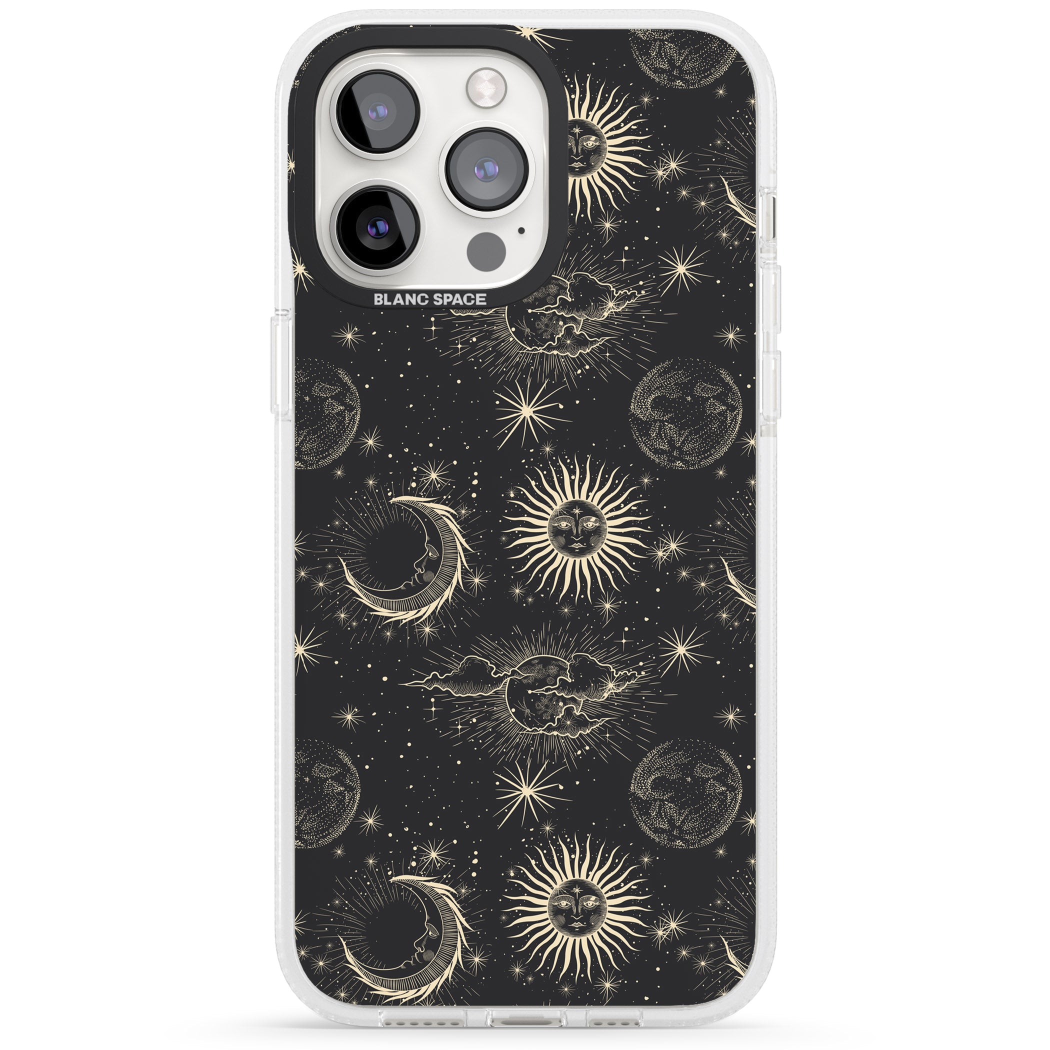 Large Suns, Moons & Clouds Astrological iPhone 15 Pro Max / 15 Pro / 14 Pro Max / 14 Pro / 13 Pro Clear Case Impact Air - Blanc Space
