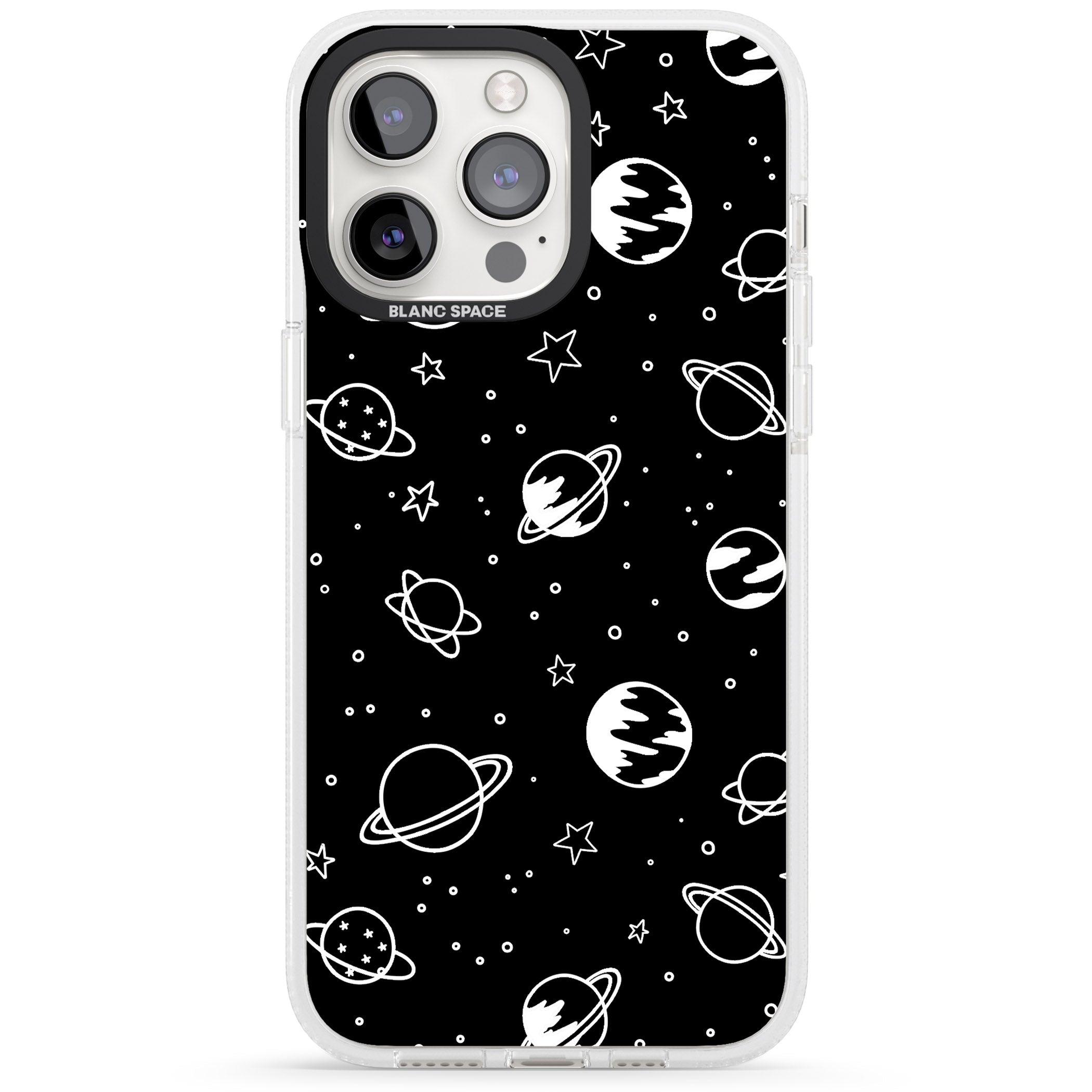 Cosmic Outer Space Design White on Black iPhone 15 Pro Max / 15 Pro / 14 Pro Max / 14 Pro / 13 Pro Clear Case Impact Air - Blanc Space
