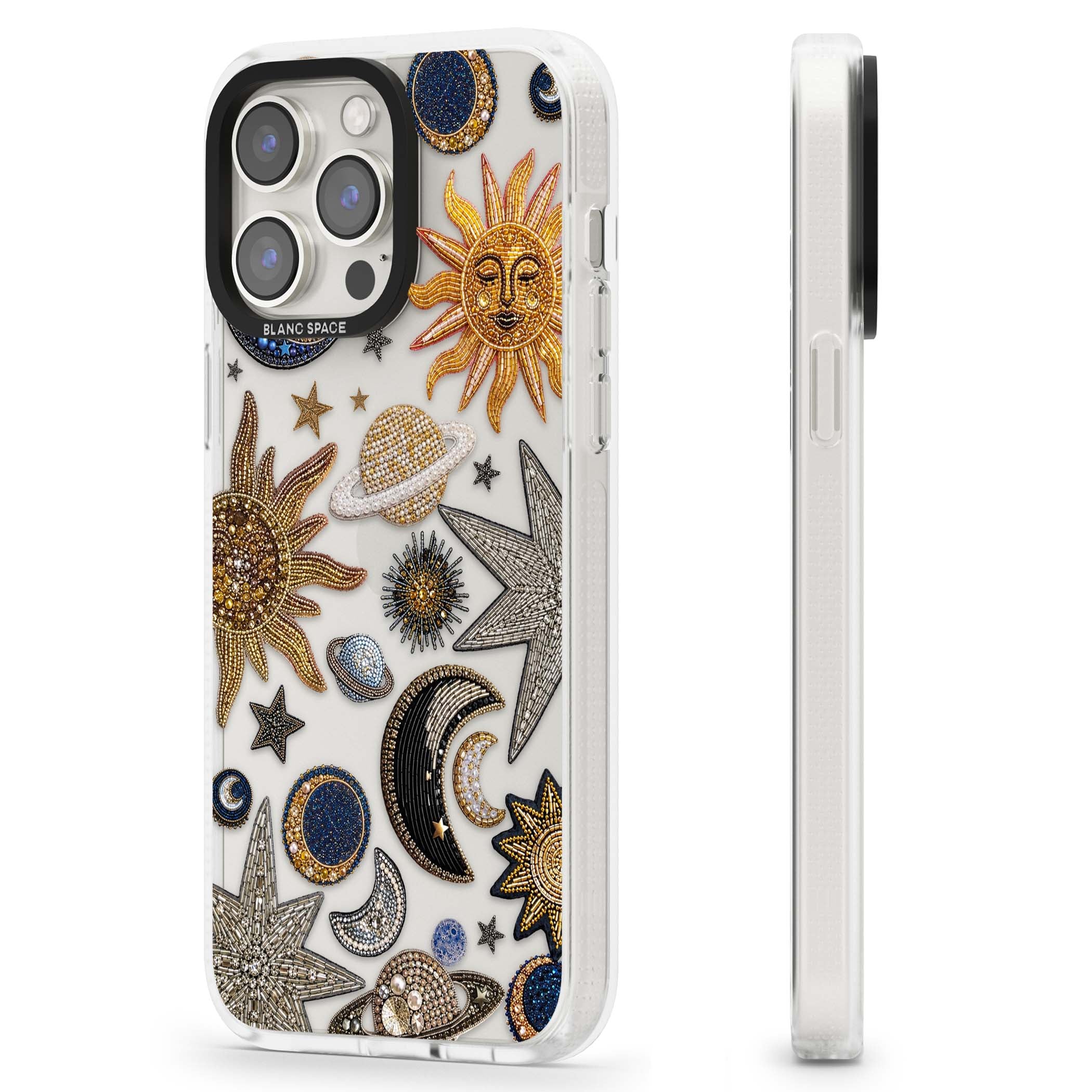 Beaded Cosmos celestial iPhone case featuring embroidered golden suns, beaded planets and silver shooting stars | Clear Case Impact Air case for iPhone 15 Pro, iPhone 15 Pro Max