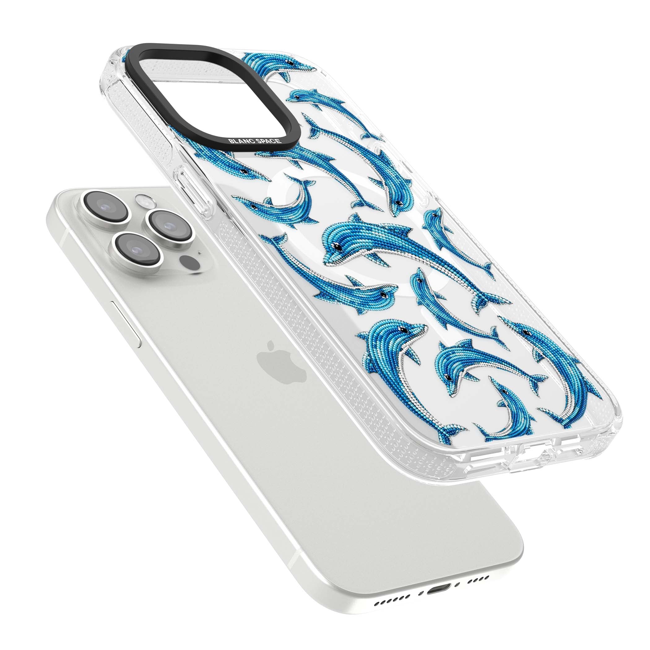 Beaded Dolphins coastal iPhone case featuring beaded dolphins in blue and white swimming across a clear background | Clear Case Impact Air case for iPhone 15 Pro, iPhone 15 Pro Max