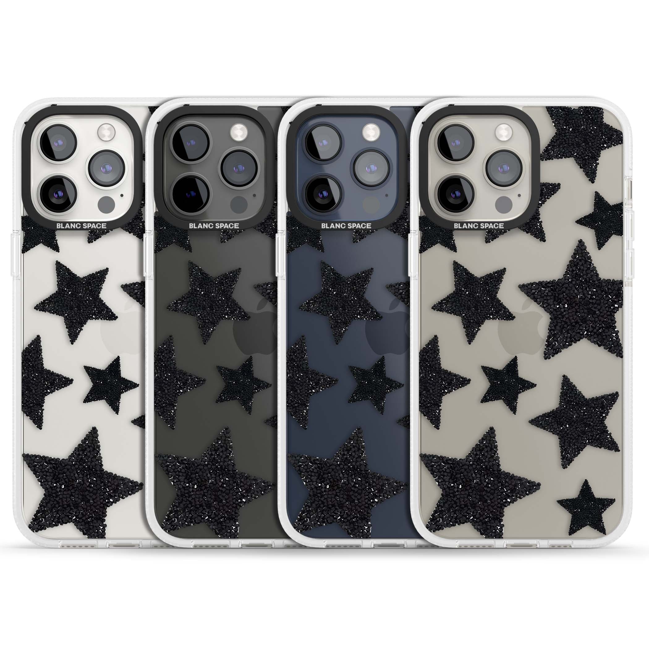 Beaded Black Stars celestial iPhone case featuring black glitter beaded stars scattered on a clear background | Clear Case Impact Air case for iPhone 15 Pro, iPhone 15 Pro Max