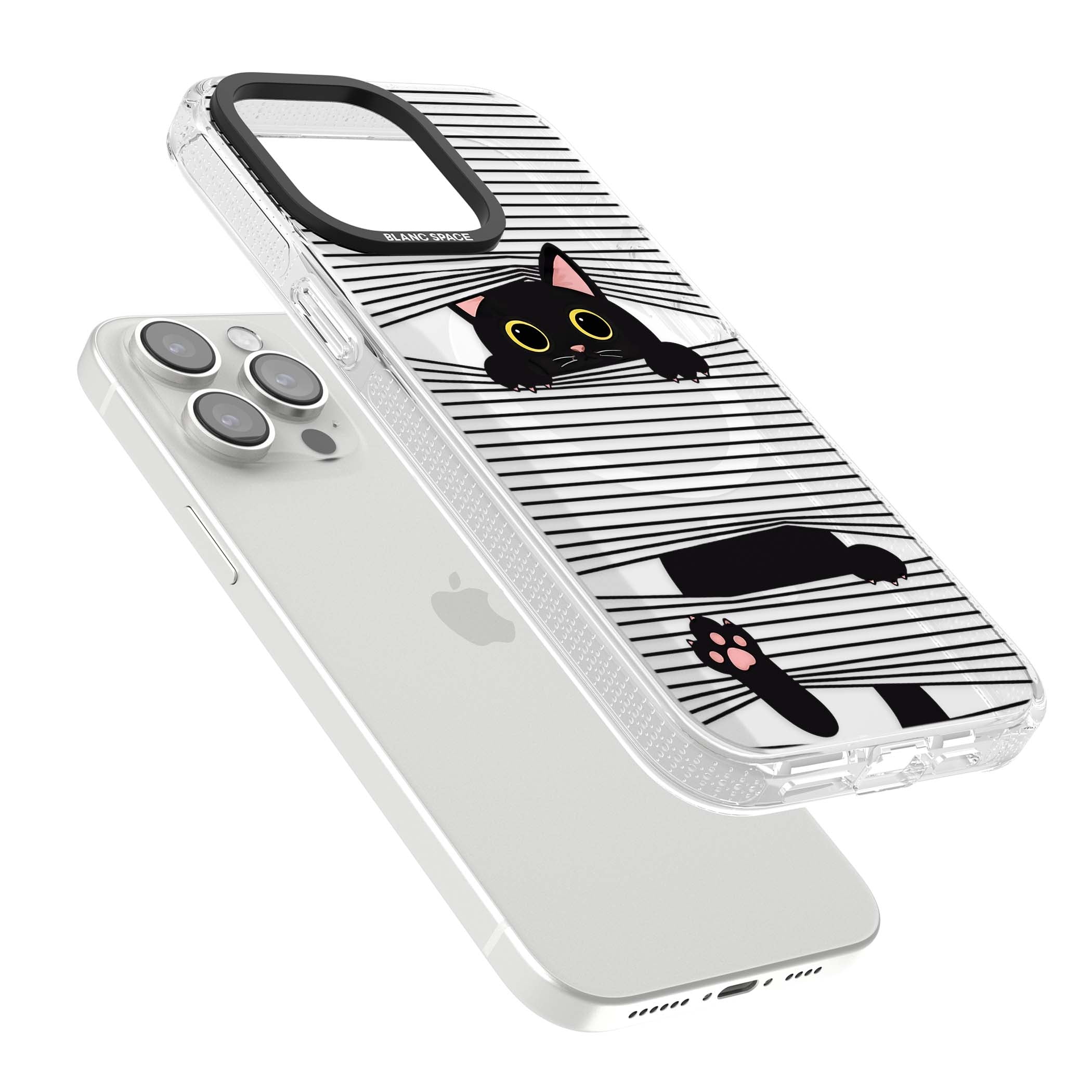 Peek-a-Boo Cat minimal iPhone case featuring black cat peeking through horizontal black and white stripes | Clear Case Impact Air case for iPhone 15 Pro, iPhone 15 Pro Max