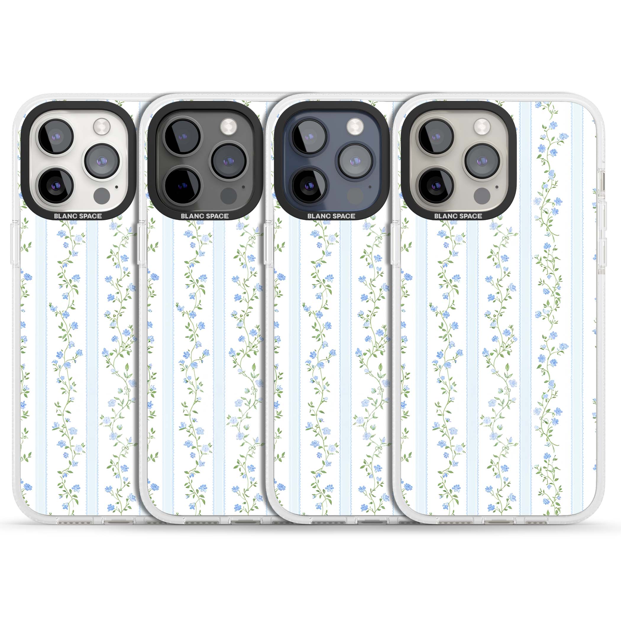 Bluebell Vine cottagecore iPhone case featuring climbing blue roses, trailing green vines, and pale ticking stripes | Clear Case Impact Air case for iPhone 15 Pro, iPhone 15 Pro Max