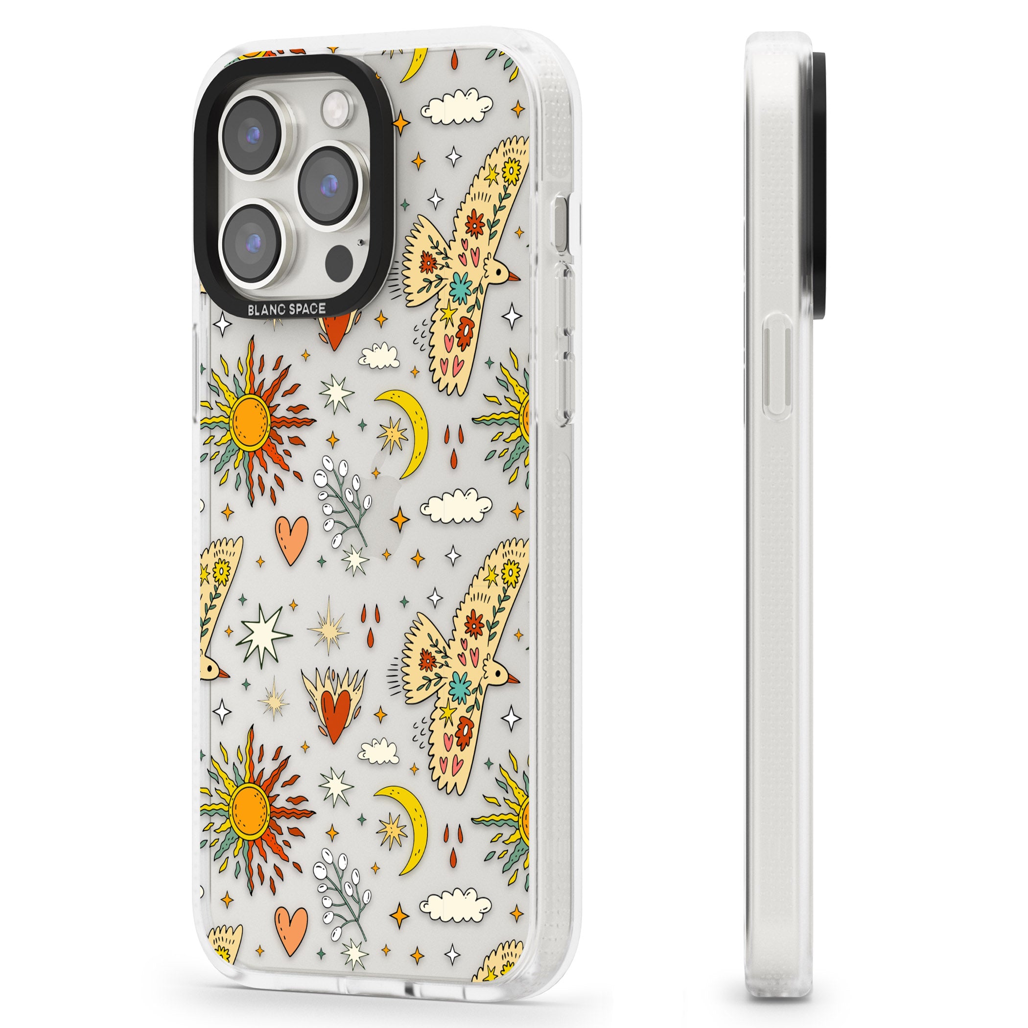Boho Celestial Floral Bird & Sun iPhone 15 Pro Max / 15 Pro / 14 Pro Max / 14 Pro / 13 Pro Clear Case Impact Air - Blanc Space