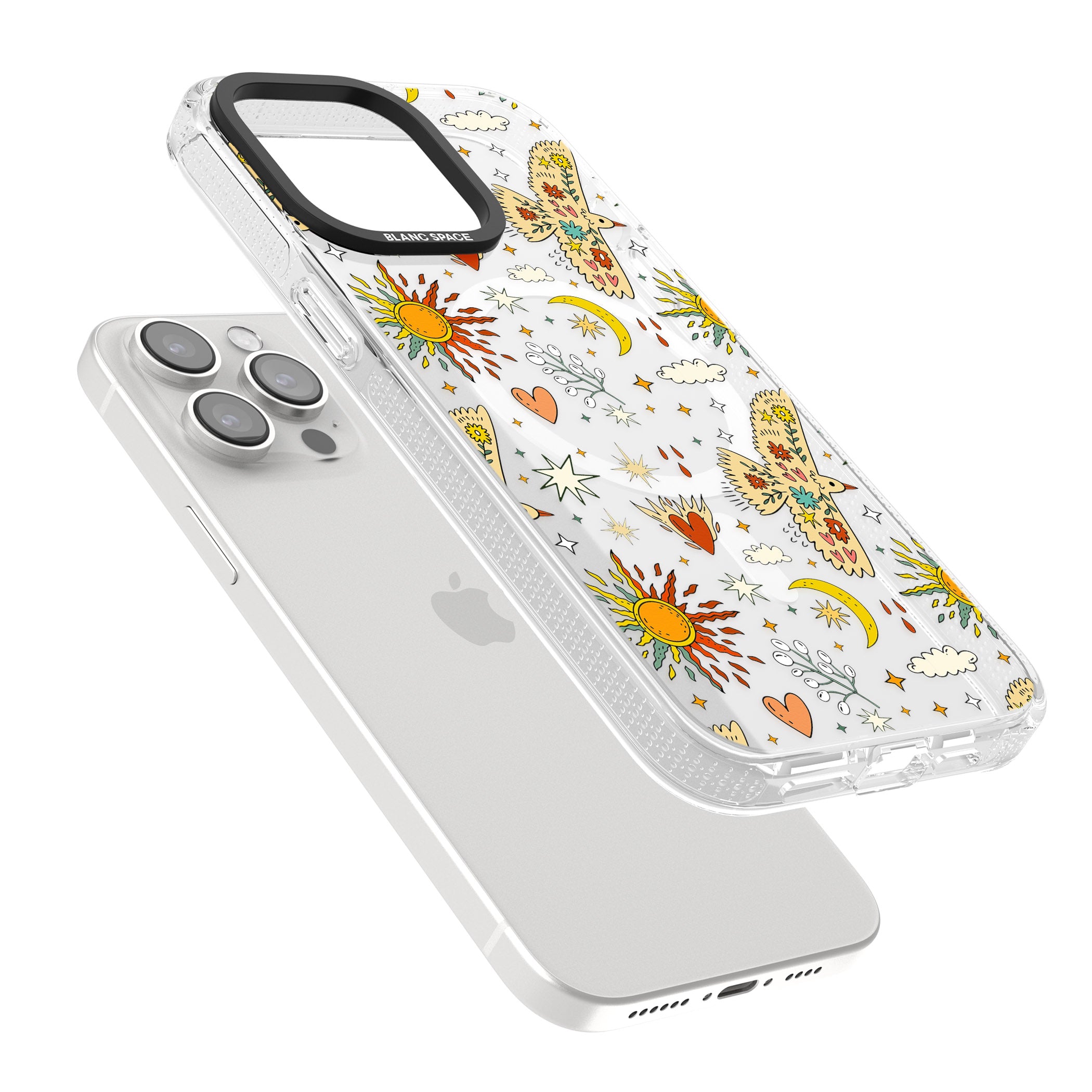Boho Celestial Floral Bird & Sun iPhone 15 Pro Max / 15 Pro / 14 Pro Max / 14 Pro / 13 Pro Clear Case Impact Air - Blanc Space
