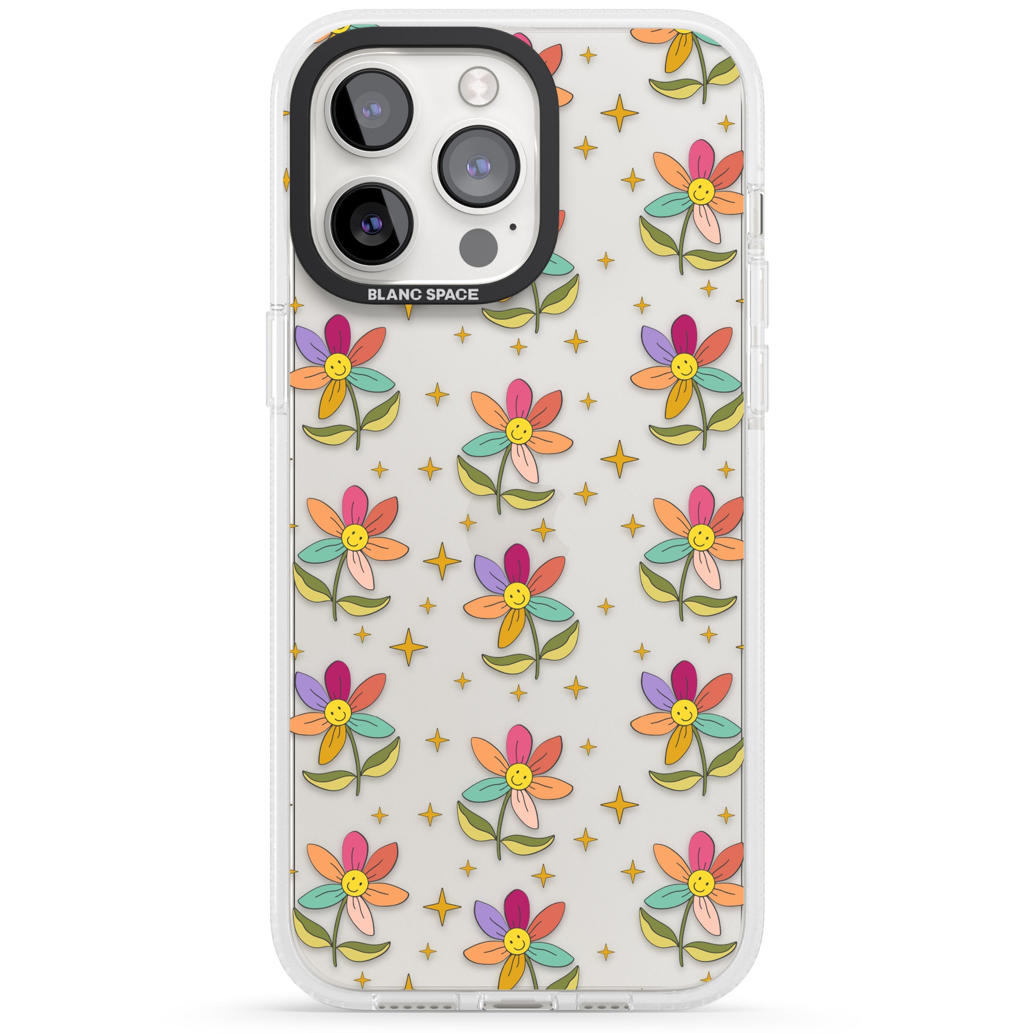 Boho Celestial Happy Flower iPhone 15 Pro Max / 15 Pro / 14 Pro Max / 14 Pro / 13 Pro Clear Case Impact Air - Blanc Space