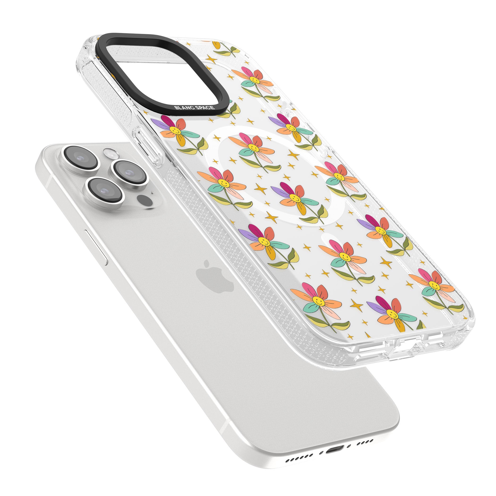 Boho Celestial Happy Flower iPhone 15 Pro Max / 15 Pro / 14 Pro Max / 14 Pro / 13 Pro Clear Case Impact Air - Blanc Space