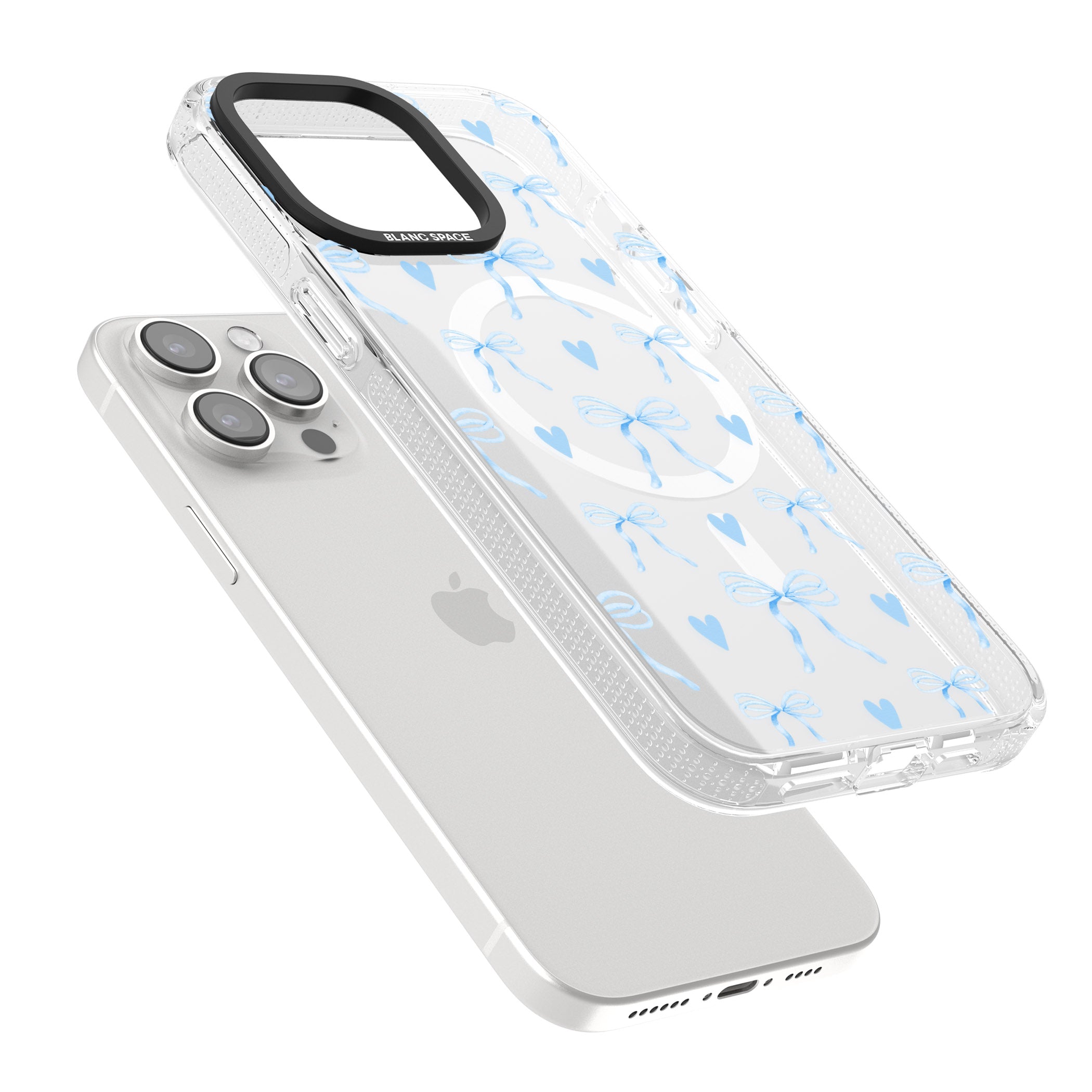 Blue Bows & Hearts iPhone 15 Pro Max / 15 Pro / 14 Pro Max / 14 Pro / 13 Pro Clear Case Impact Air - Blanc Space