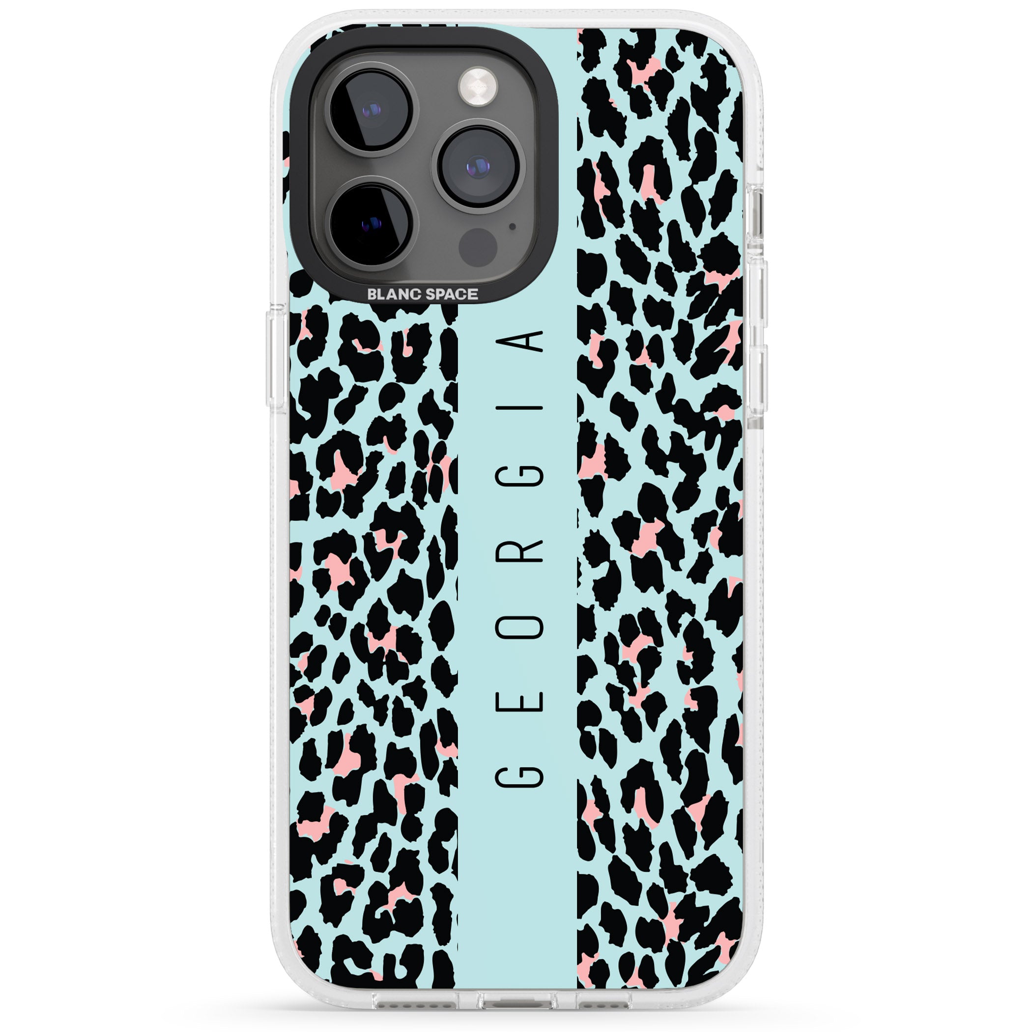 Personalised Blue Leopard Spots iPhone 15 Pro Max / 15 Pro / 14 Pro Max / 14 Pro / 13 Pro Clear Case Impact Air - Blanc Space