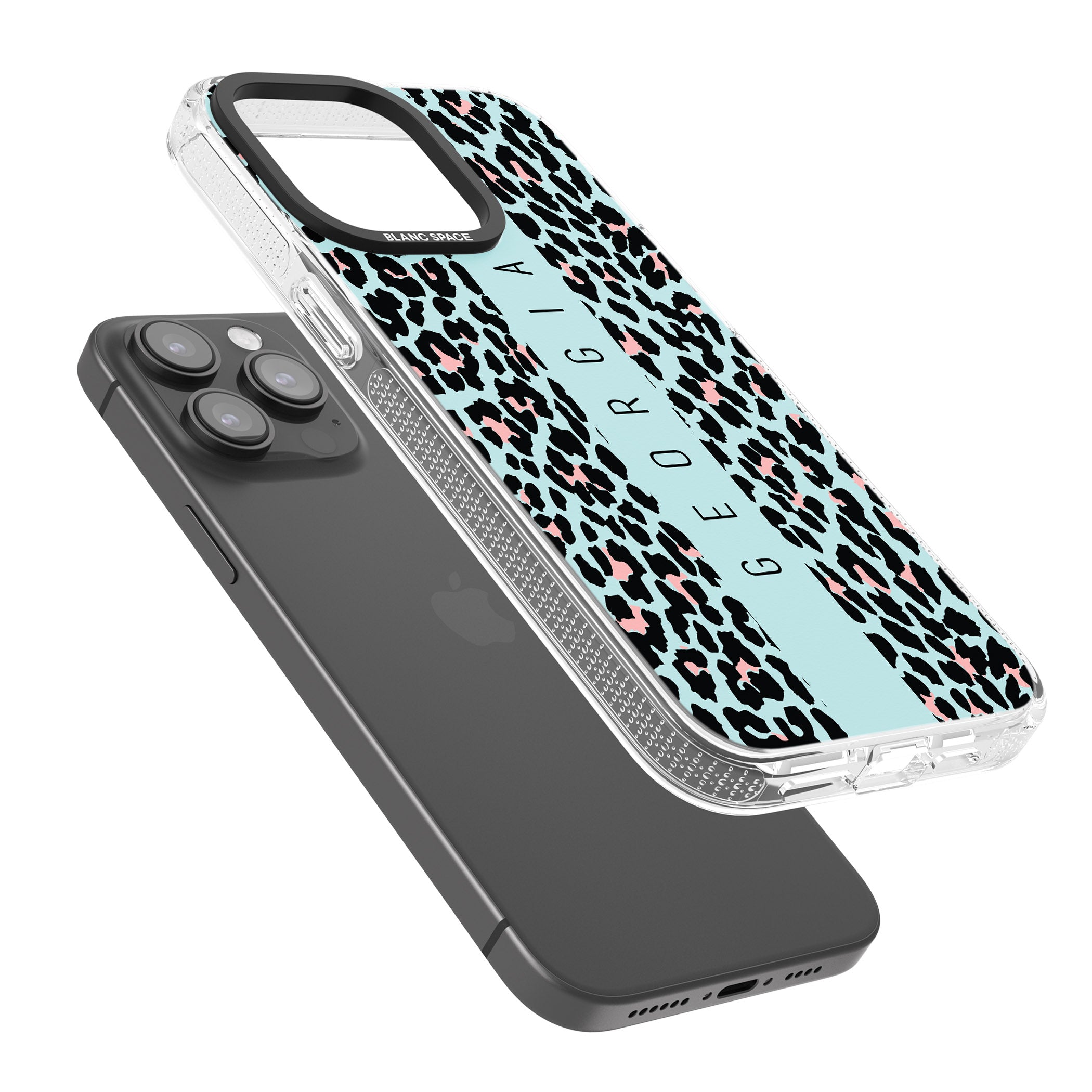Personalised Blue Leopard Spots iPhone 15 Pro Max / 15 Pro / 14 Pro Max / 14 Pro / 13 Pro Clear Case Impact Air - Blanc Space