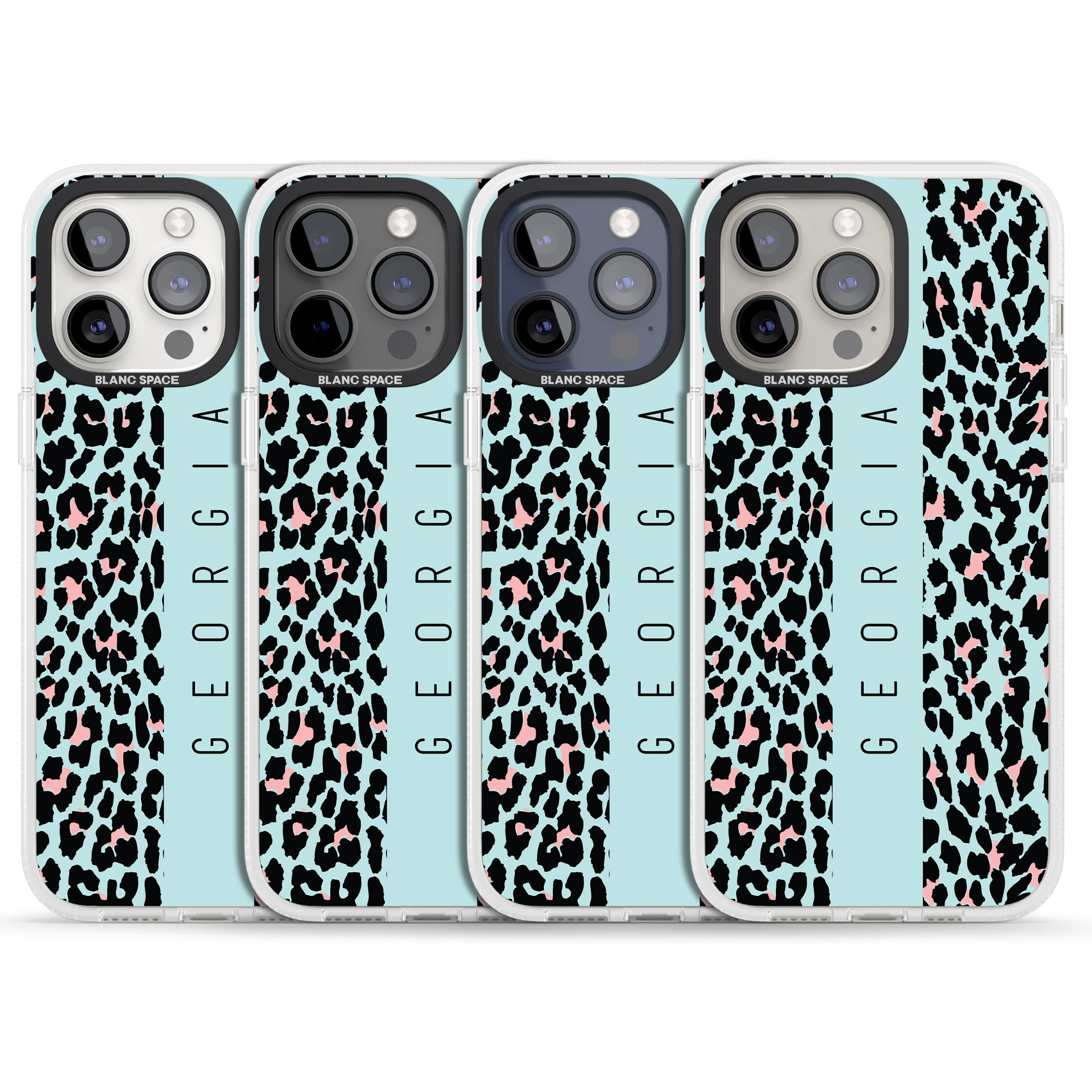 Personalised Blue Leopard Spots iPhone 15 Pro Max / 15 Pro / 14 Pro Max / 14 Pro / 13 Pro Clear Case Impact Air - Blanc Space