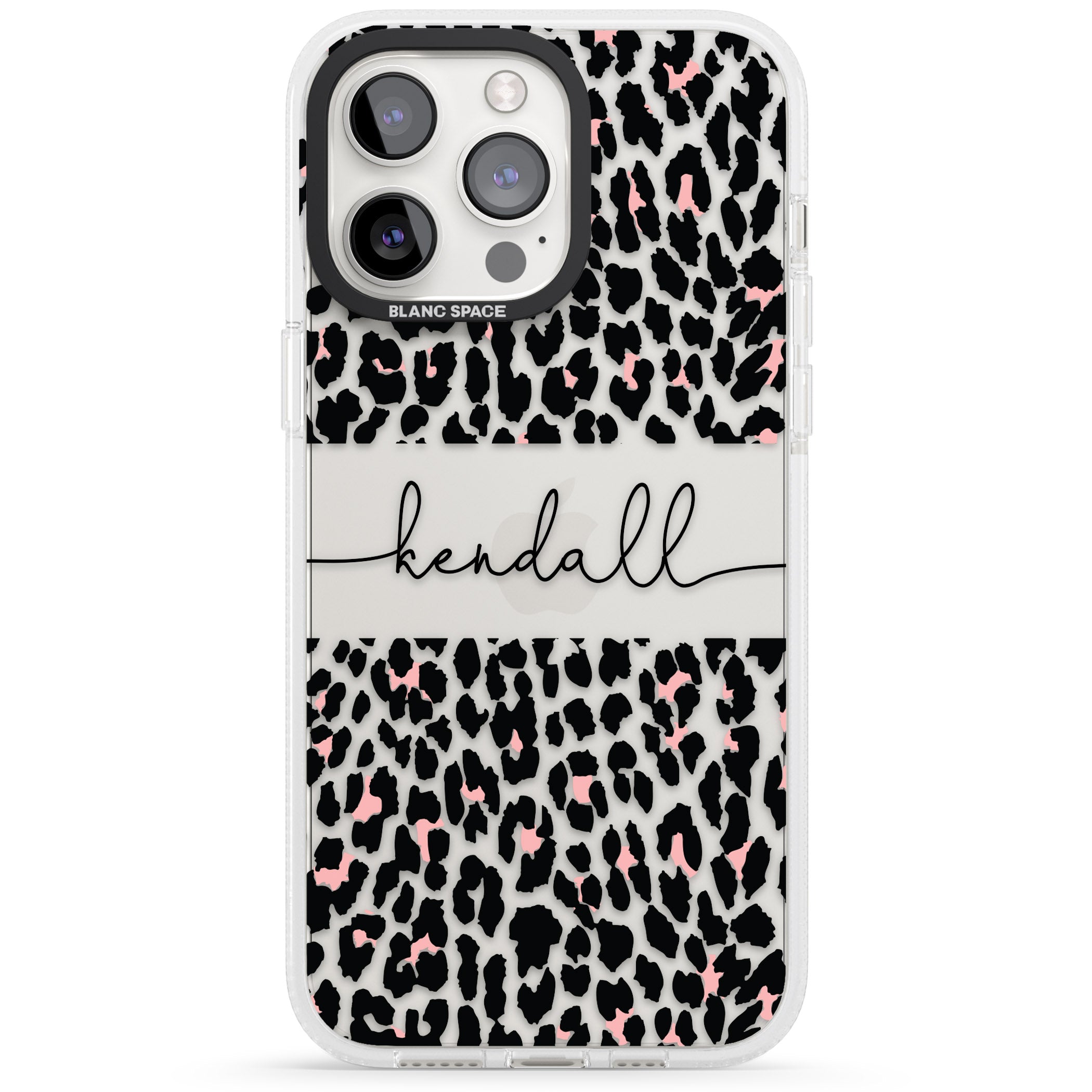 Personalised Pink & Cursive Leopard Spots iPhone 15 Pro Max / 15 Pro / 14 Pro Max / 14 Pro / 13 Pro Clear Case Impact Air - Blanc Space