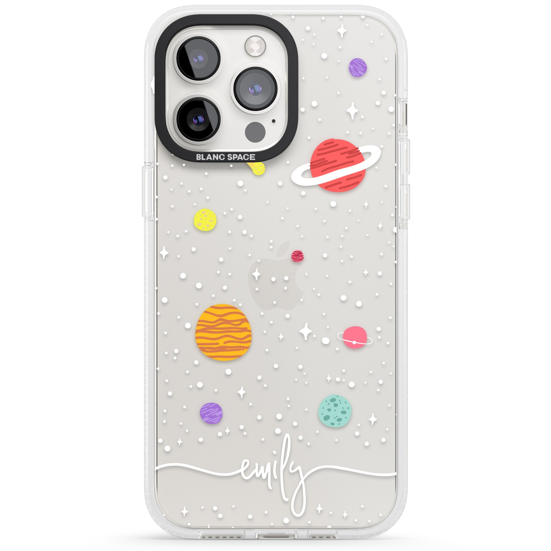 Personalised Cute Cartoon Planets (Clear) iPhone 15 Pro Max / 15 Pro / 14 Pro Max / 14 Pro / 13 Pro Clear Case Impact Air - Blanc Space