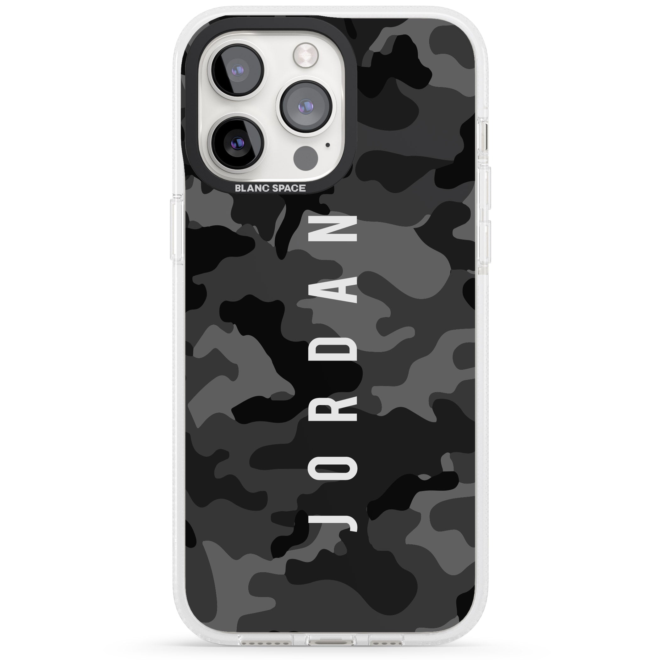 Personalised Small Vertical Name Black Camouflage iPhone 15 Pro Max / 15 Pro / 14 Pro Max / 14 Pro / 13 Pro Clear Case Impact Air - Blanc Space