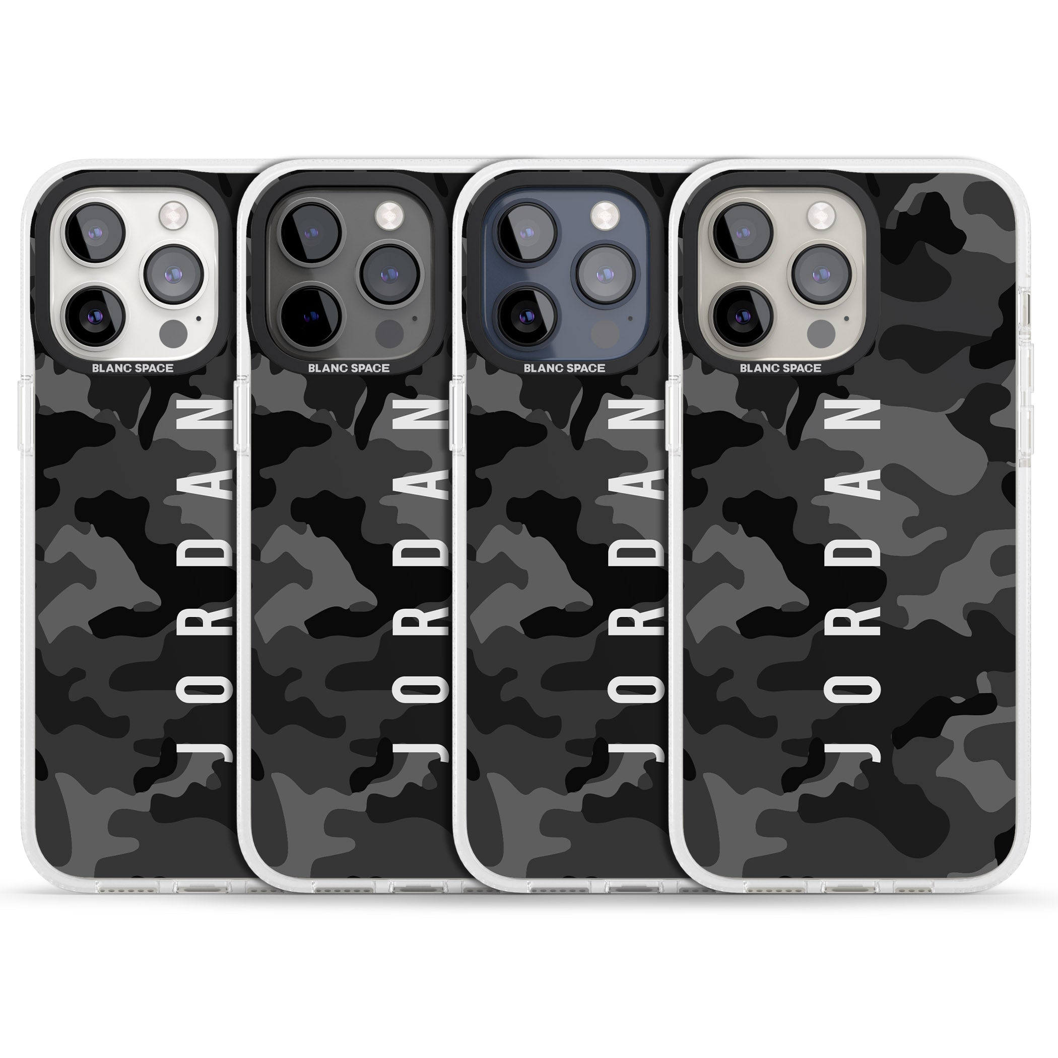 Personalised Small Vertical Name Black Camouflage iPhone 15 Pro Max / 15 Pro / 14 Pro Max / 14 Pro / 13 Pro Clear Case Impact Air - Blanc Space