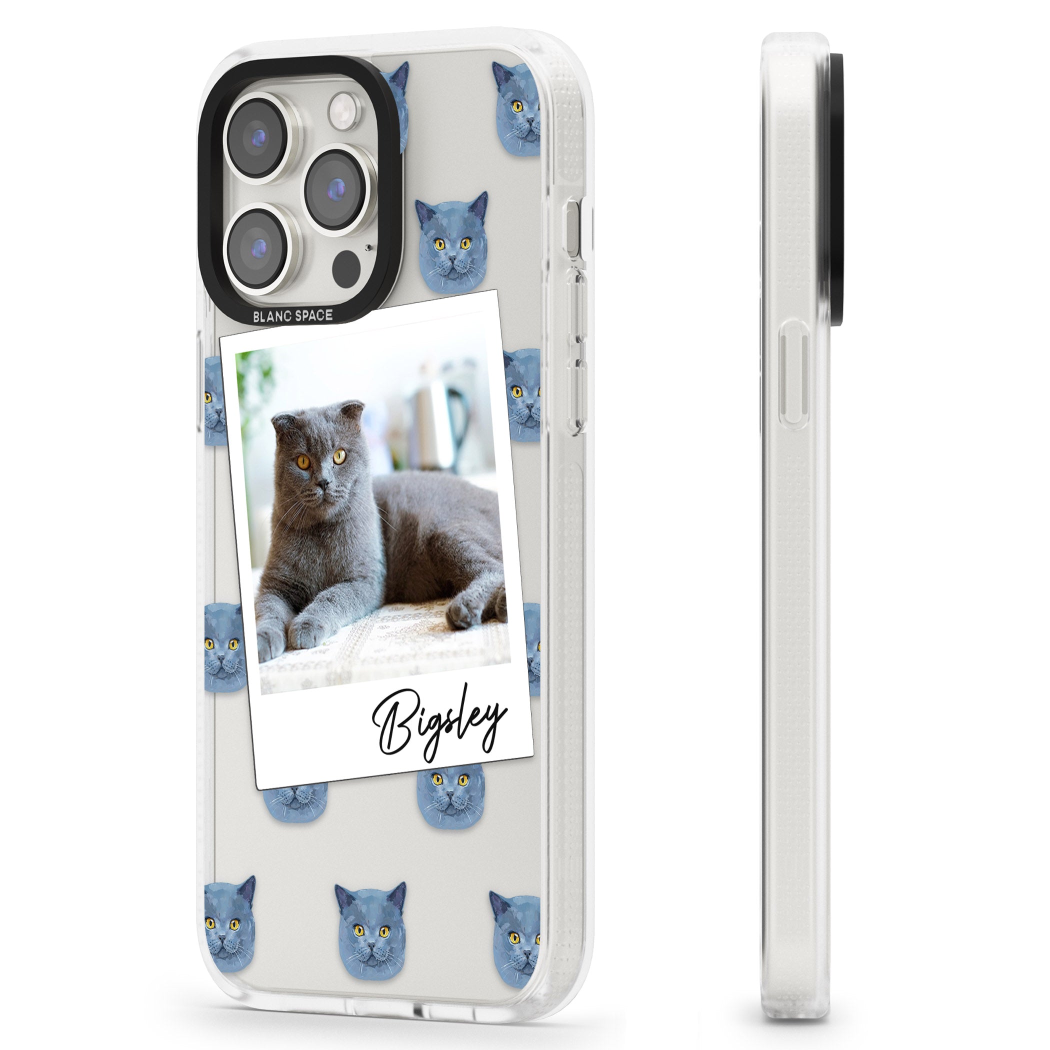 Personalised English Blue Cat Photo iPhone 15 Pro Max / 15 Pro / 14 Pro Max / 14 Pro / 13 Pro Clear Case Impact Air - Blanc Space