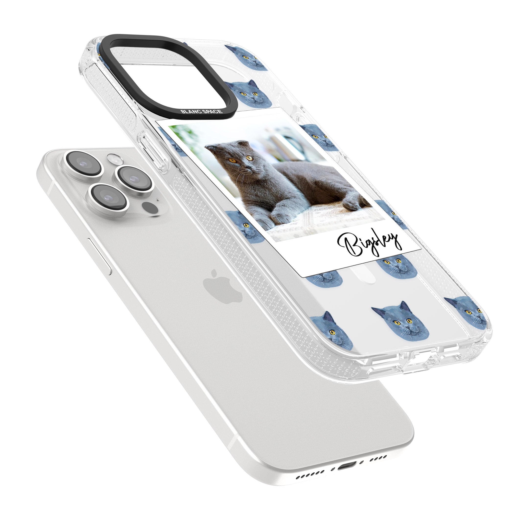 Personalised English Blue Cat Photo iPhone 15 Pro Max / 15 Pro / 14 Pro Max / 14 Pro / 13 Pro Clear Case Impact Air - Blanc Space