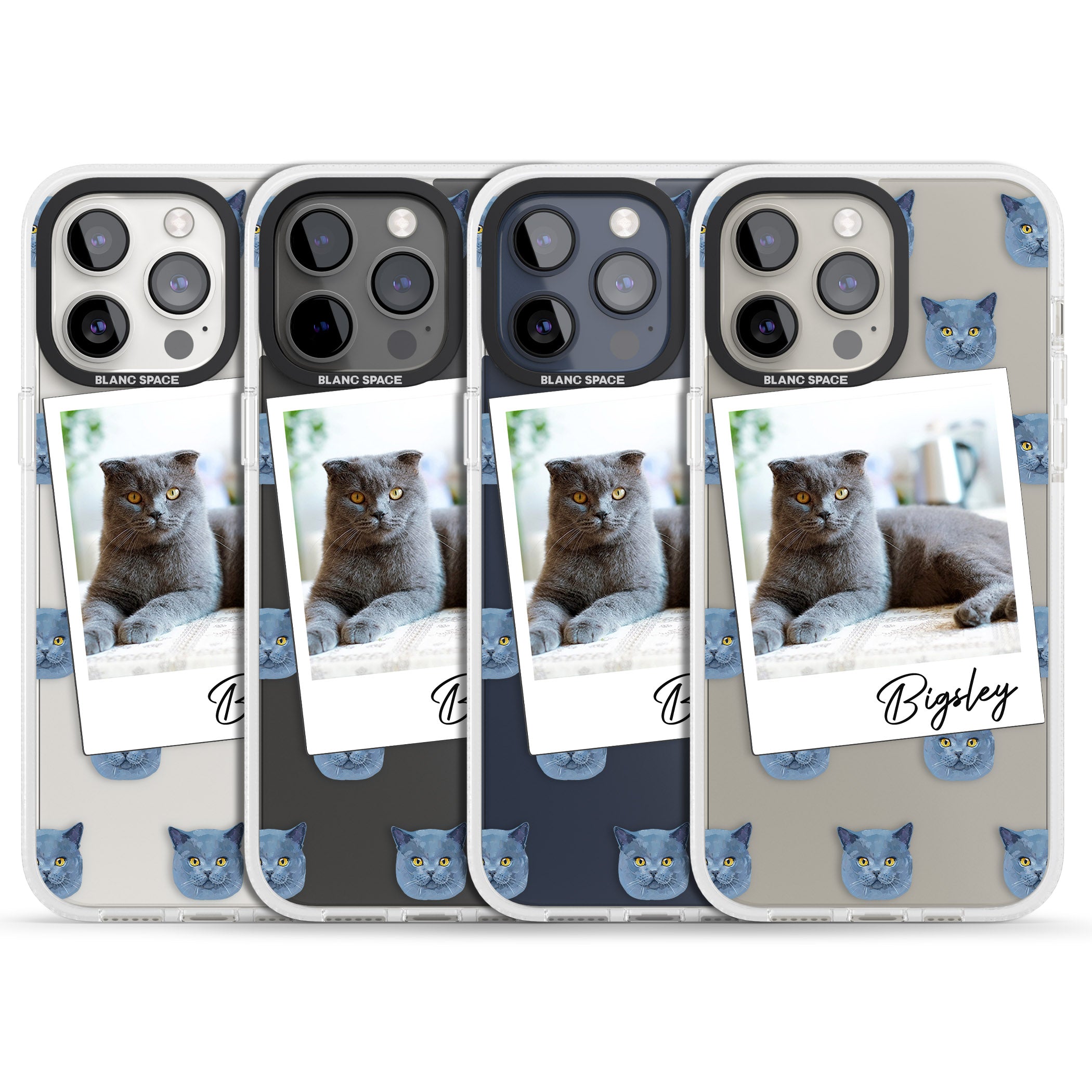Personalised English Blue Cat Photo iPhone 15 Pro Max / 15 Pro / 14 Pro Max / 14 Pro / 13 Pro Clear Case Impact Air - Blanc Space