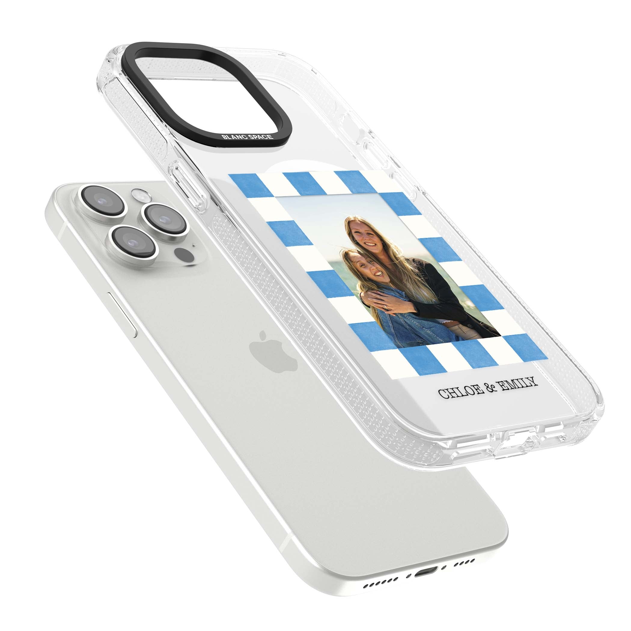 Blue Check Photo personalised photo iPhone case with blue checkered frame and custom couple names | Clear Case Impact Air case for iPhone 15 Pro, iPhone 15 Pro Max
