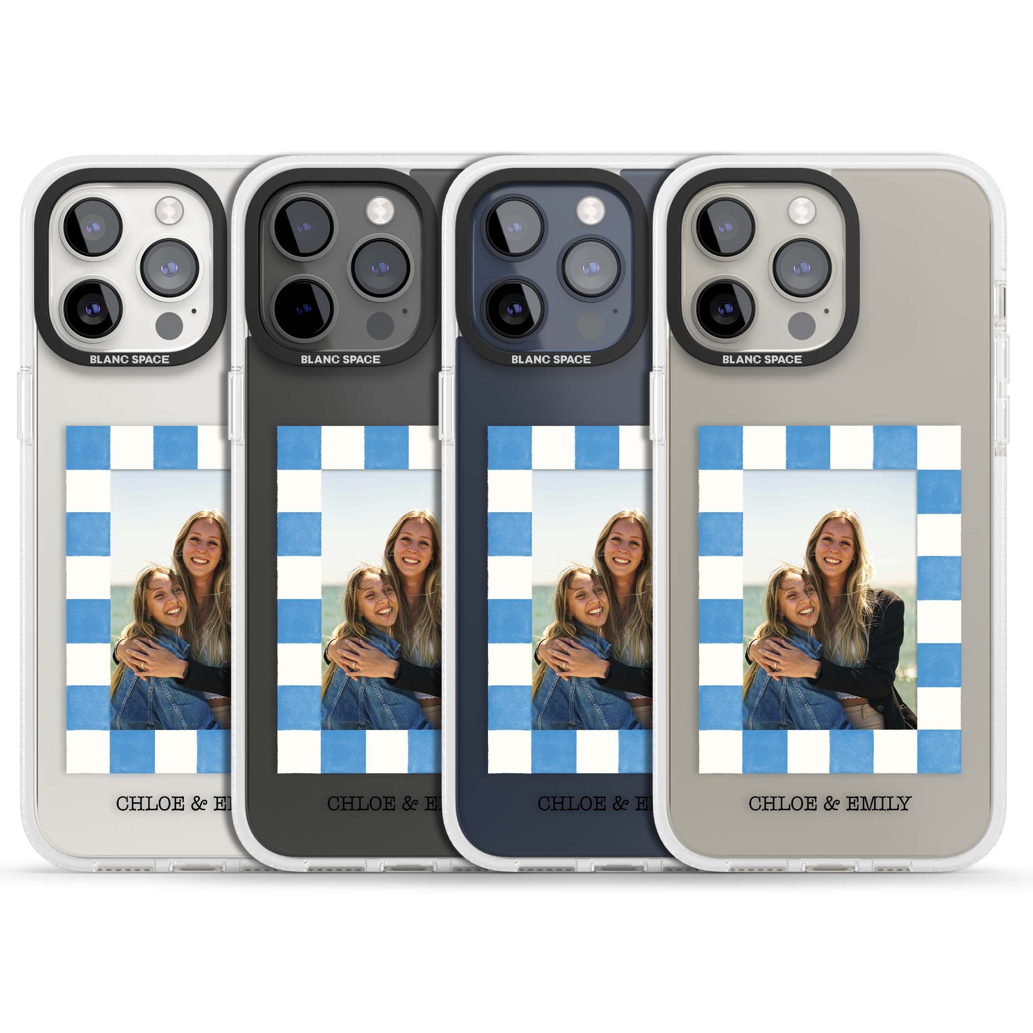 Blue Check Photo personalised photo iPhone case with blue checkered frame and custom couple names | Clear Case Impact Air case for iPhone 15 Pro, iPhone 15 Pro Max