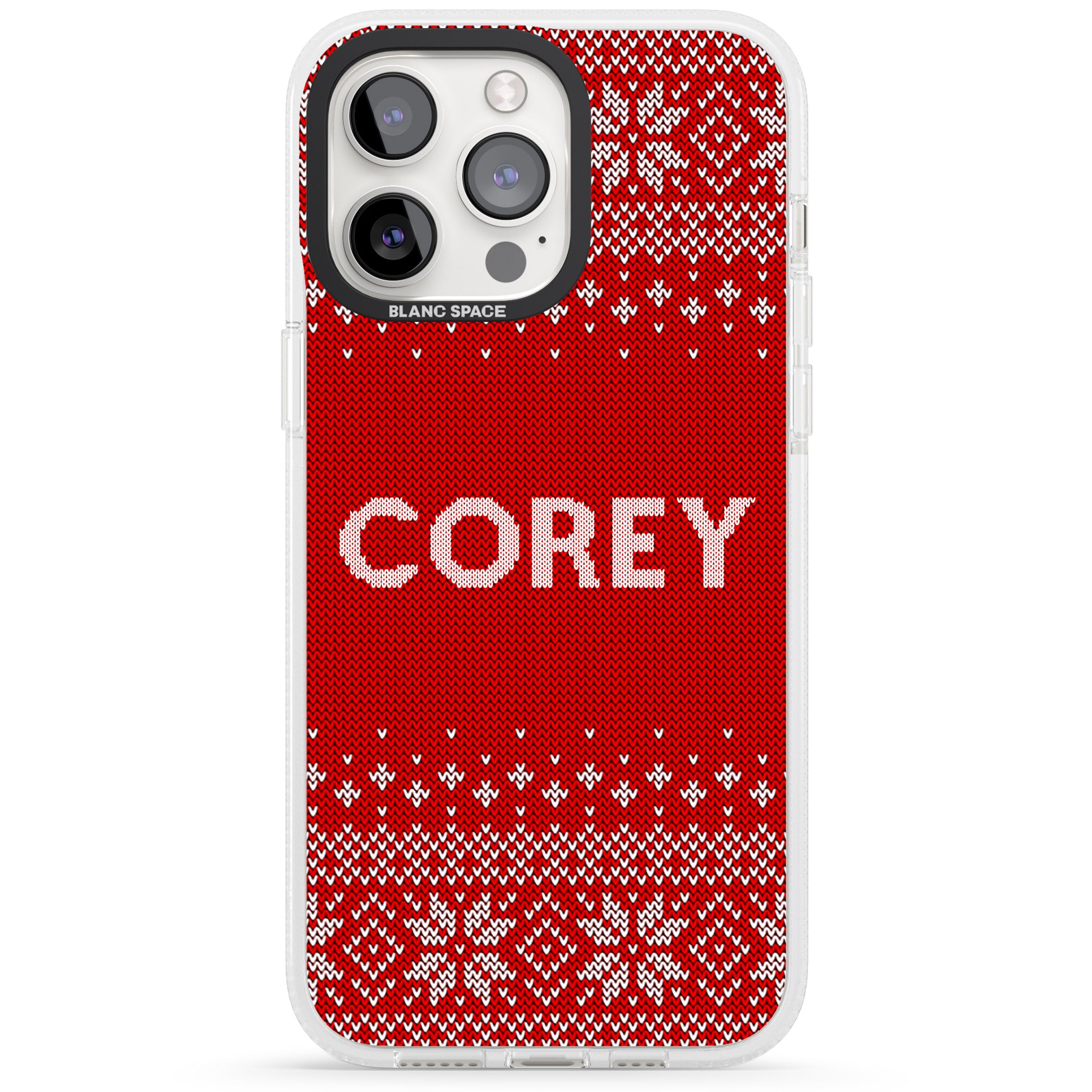 Personalised Red Christmas Knitted Jumper iPhone 15 Pro Max / 15 Pro / 14 Pro Max / 14 Pro / 13 Pro Clear Case Impact Air - Blanc Space