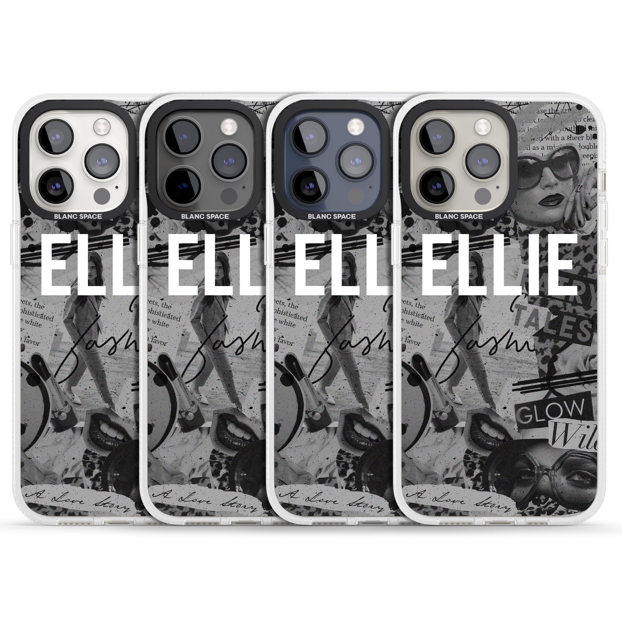 Personalised Grey Scale Fashion Collage iPhone 15 Pro Max / 15 Pro / 14 Pro Max / 14 Pro / 13 Pro Clear Case Impact Air - Blanc Space