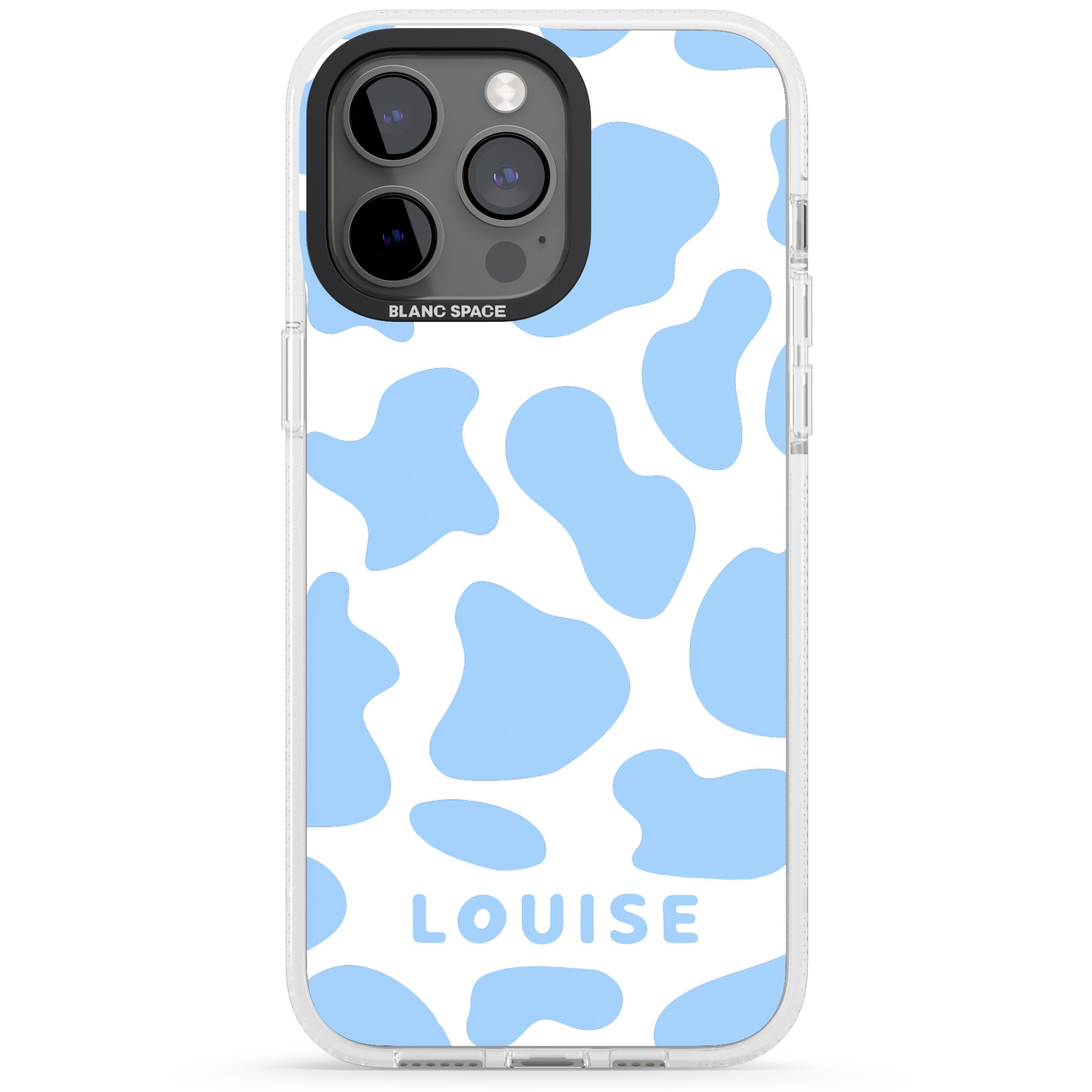 Personalised Blue and White Cow Print iPhone 15 Pro Max / 15 Pro / 14 Pro Max / 14 Pro / 13 Pro Clear Case Impact Air - Blanc Space