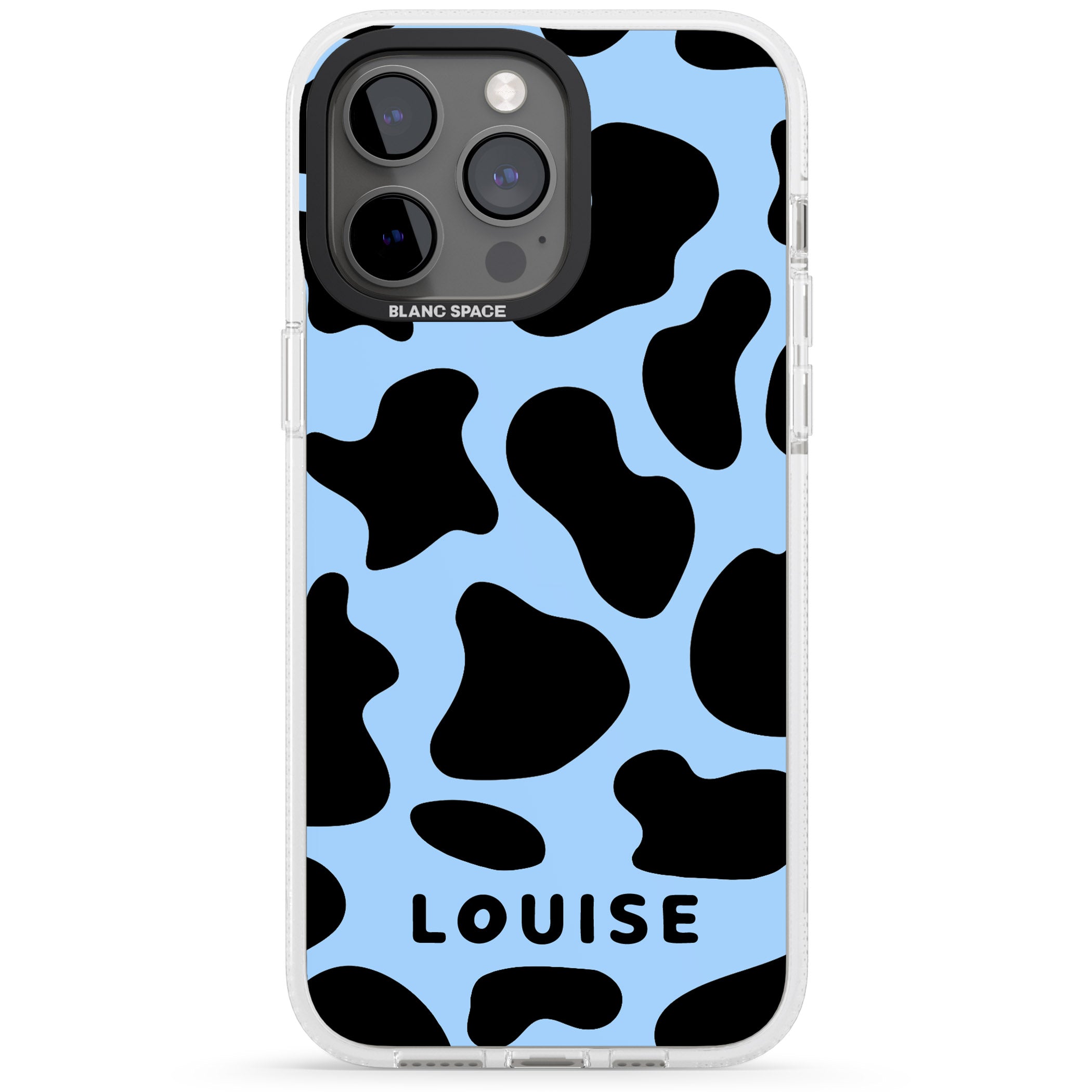 Personalised Blue and Black Cow Print iPhone 15 Pro Max / 15 Pro / 14 Pro Max / 14 Pro / 13 Pro Clear Case Impact Air - Blanc Space