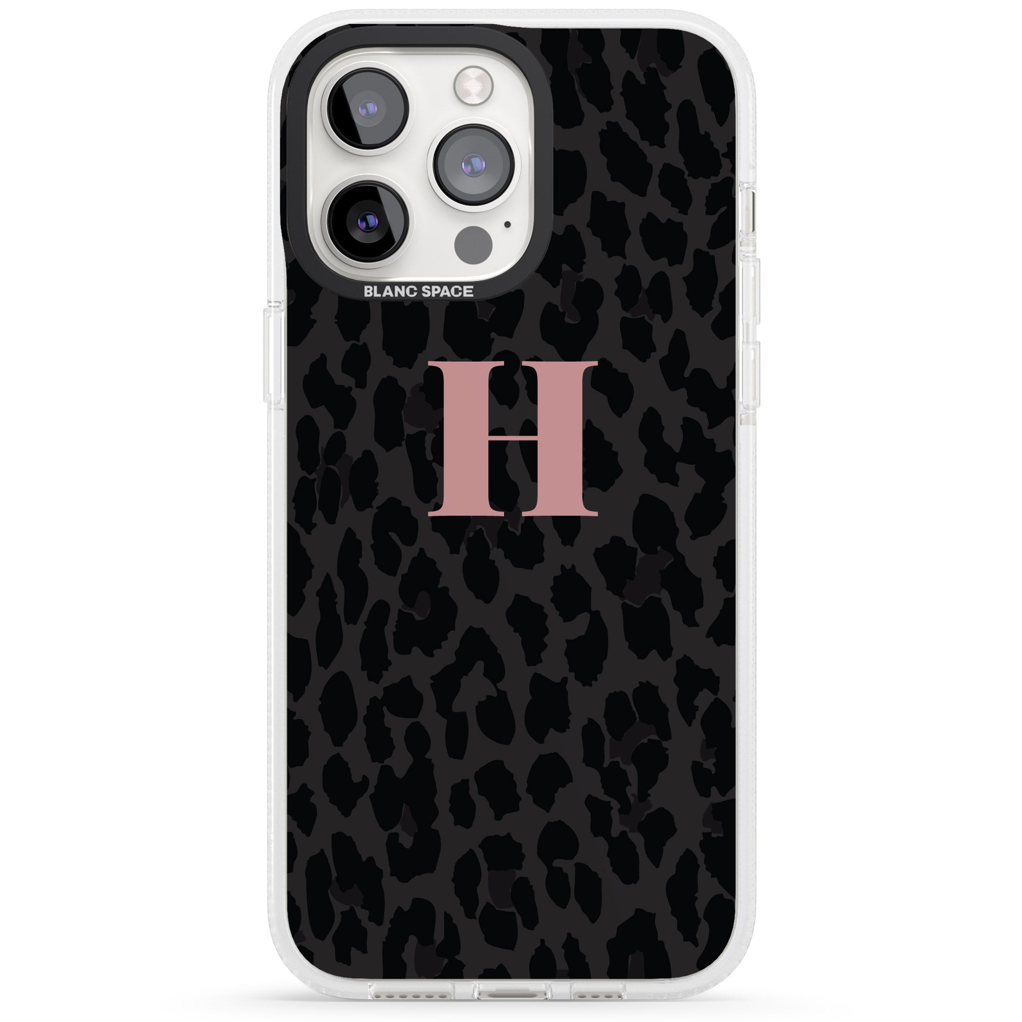 Personalised Small Pink Leopard Monogram iPhone 15 Pro Max / 15 Pro / 14 Pro Max / 14 Pro / 13 Pro Clear Case Impact Air - Blanc Space