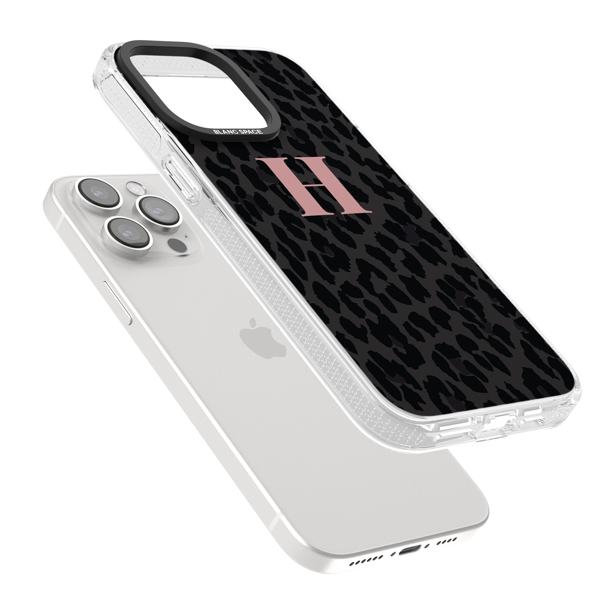 Personalised Small Pink Leopard Monogram iPhone 15 Pro Max / 15 Pro / 14 Pro Max / 14 Pro / 13 Pro Clear Case Impact Air - Blanc Space