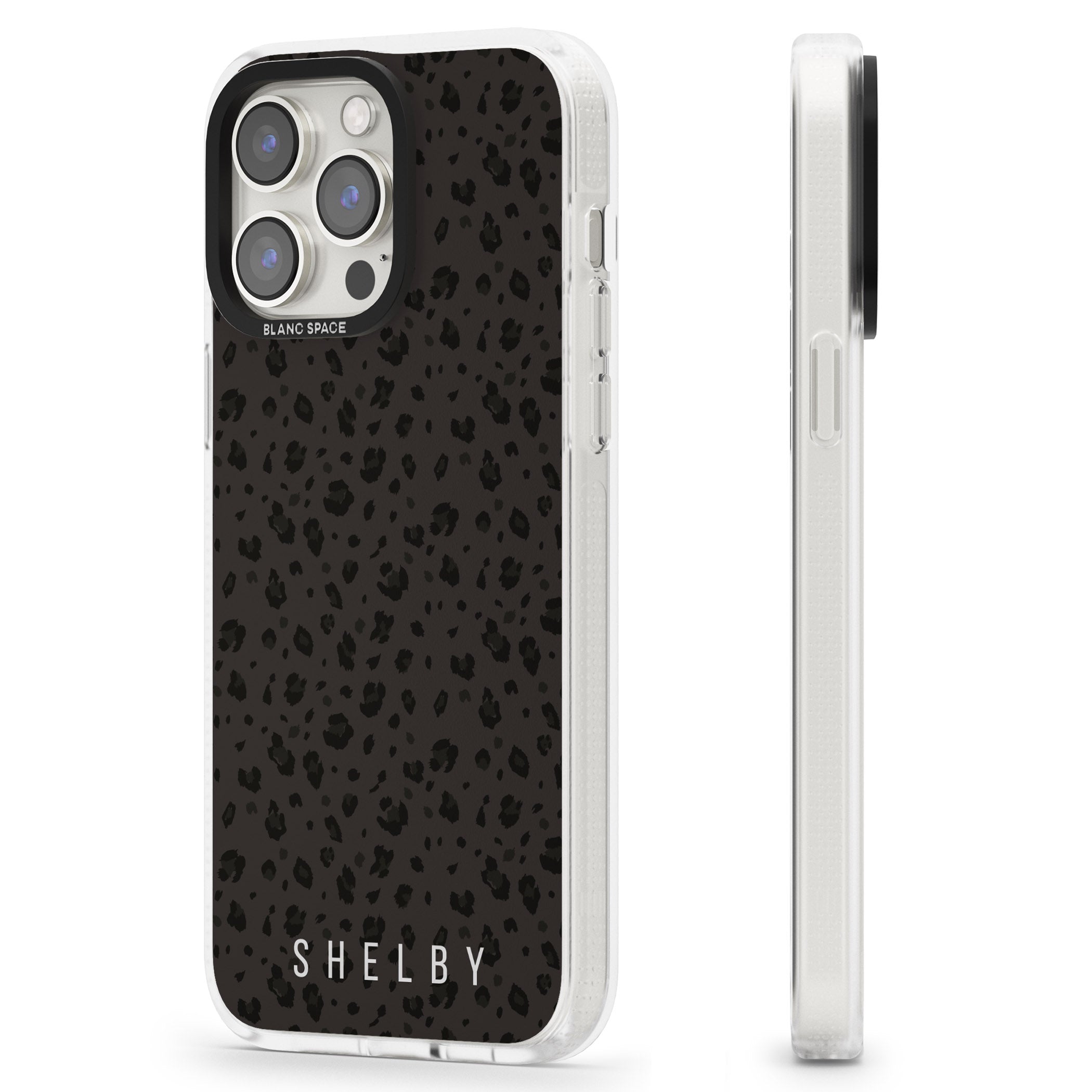 Personalised Minimal Lettering Dark Leopard iPhone 15 Pro Max / 15 Pro / 14 Pro Max / 14 Pro / 13 Pro Clear Case Impact Air - Blanc Space