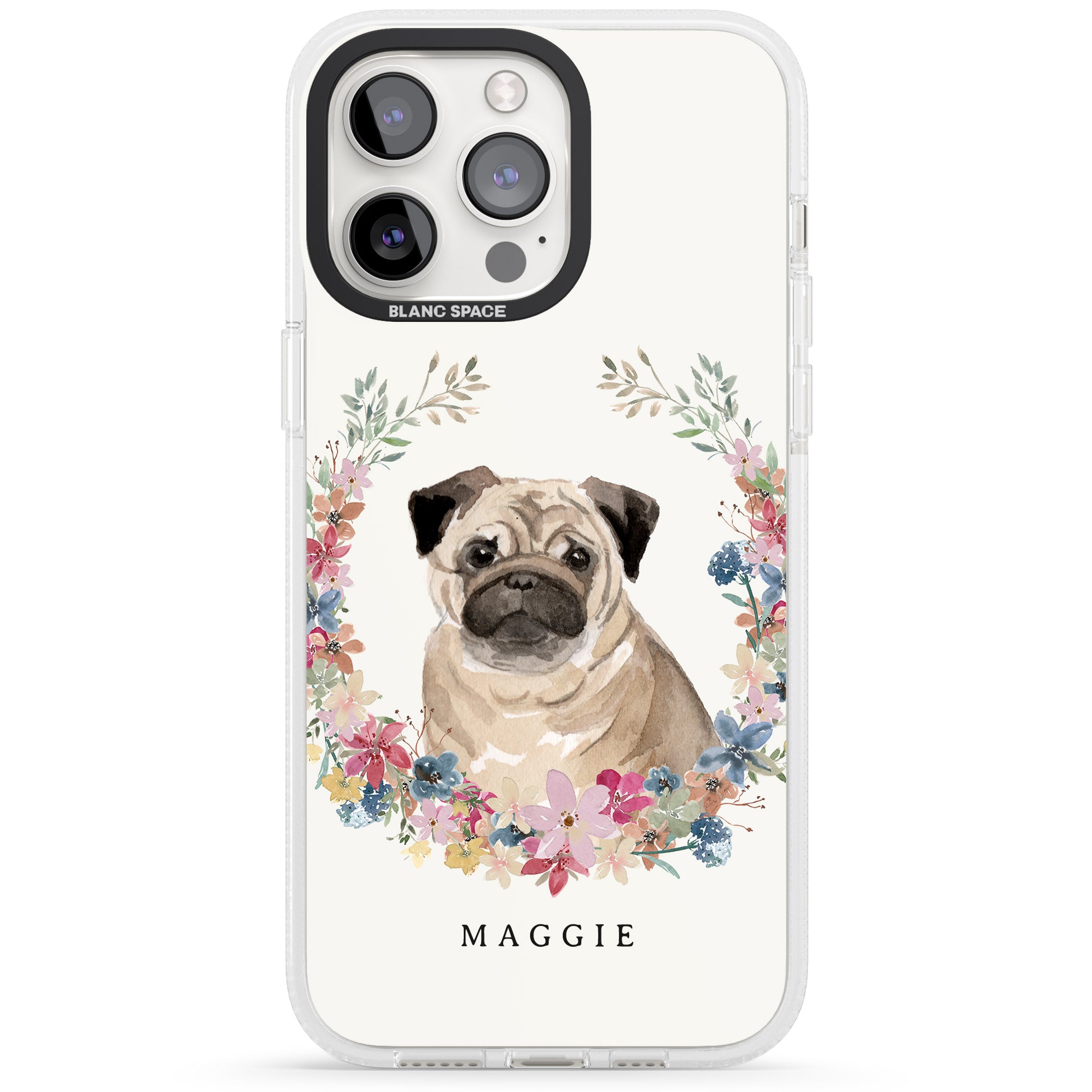 Personalised Pug - Watercolour Dog Portrait iPhone 15 Pro Max / 15 Pro / 14 Pro Max / 14 Pro / 13 Pro Clear Case Impact Air - Blanc Space