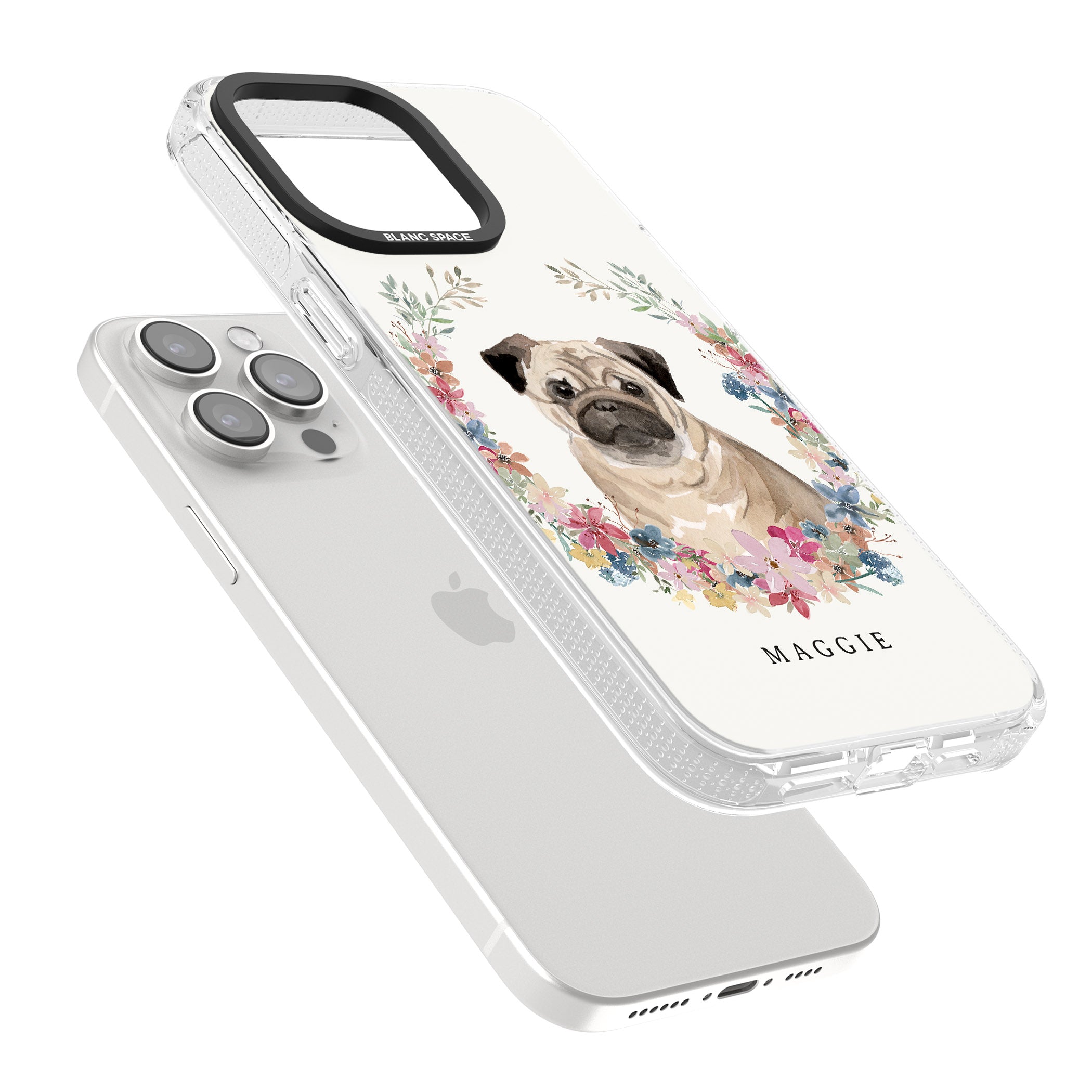Personalised Pug - Watercolour Dog Portrait iPhone 15 Pro Max / 15 Pro / 14 Pro Max / 14 Pro / 13 Pro Clear Case Impact Air - Blanc Space