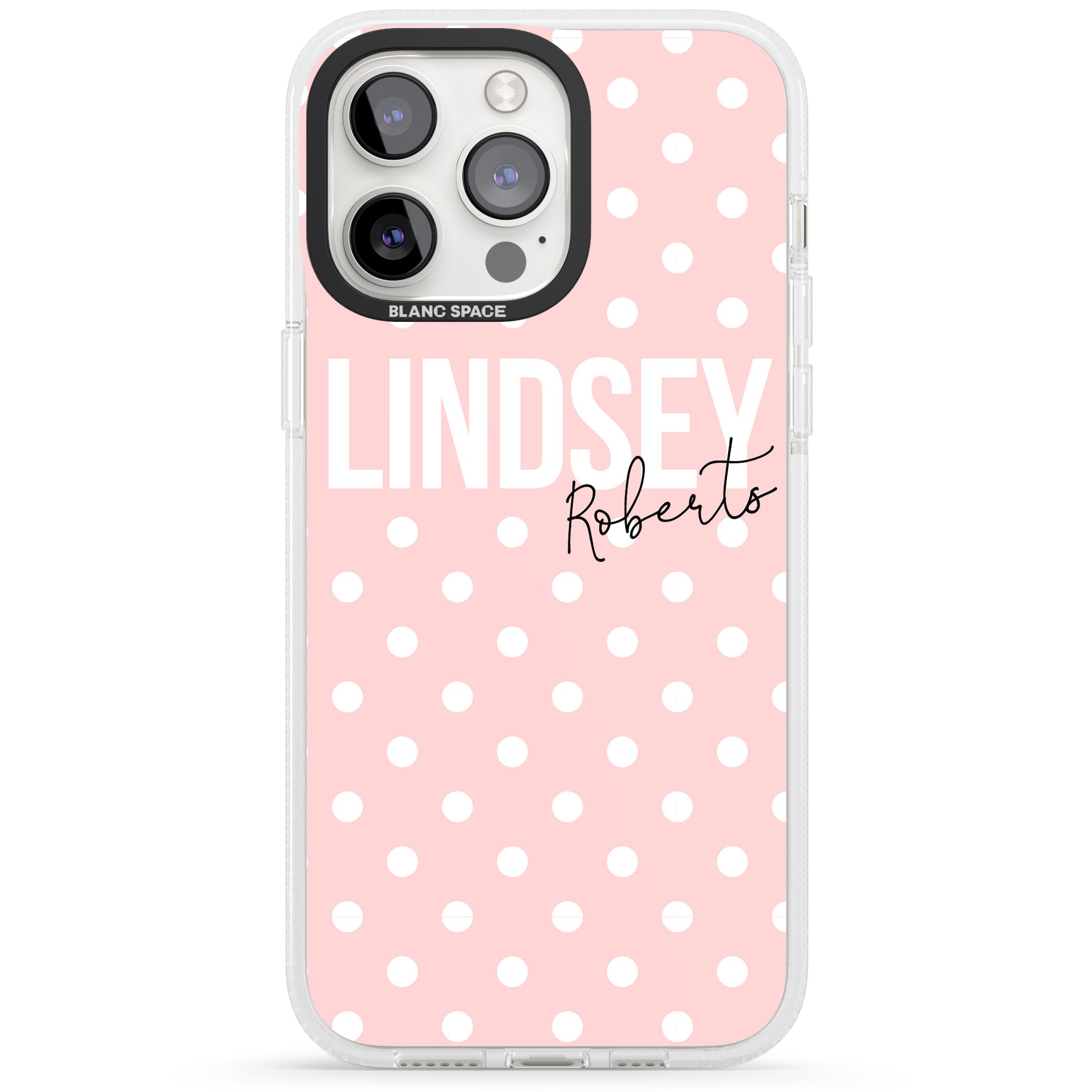 Personalised Pink Polka iPhone 15 Pro Max / 15 Pro / 14 Pro Max / 14 Pro / 13 Pro Clear Case Impact Air - Blanc Space