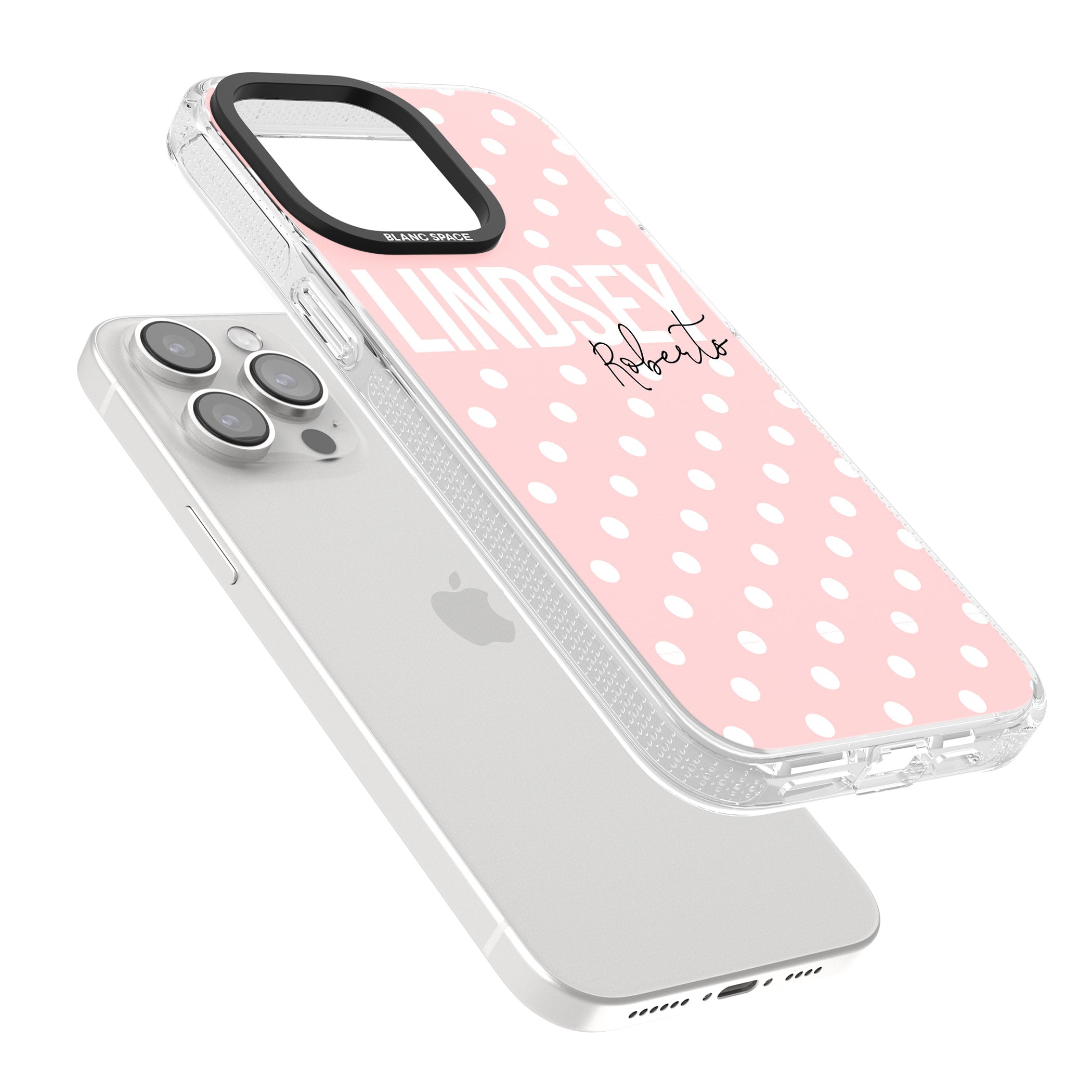 Personalised Pink Polka iPhone 15 Pro Max / 15 Pro / 14 Pro Max / 14 Pro / 13 Pro Clear Case Impact Air - Blanc Space