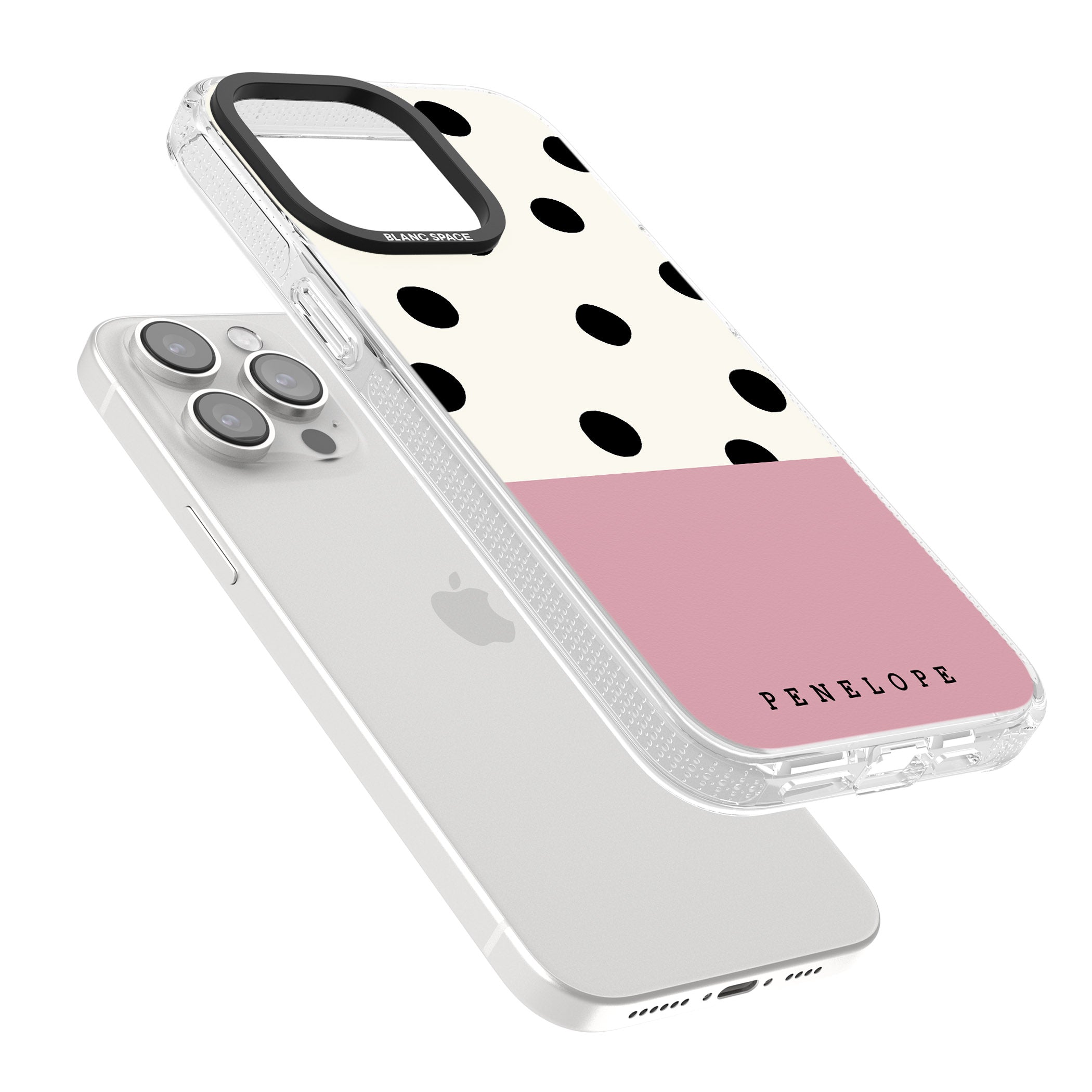 Personalised Pink Border Polka Dot iPhone 15 Pro Max / 15 Pro / 14 Pro Max / 14 Pro / 13 Pro Clear Case Impact Air - Blanc Space