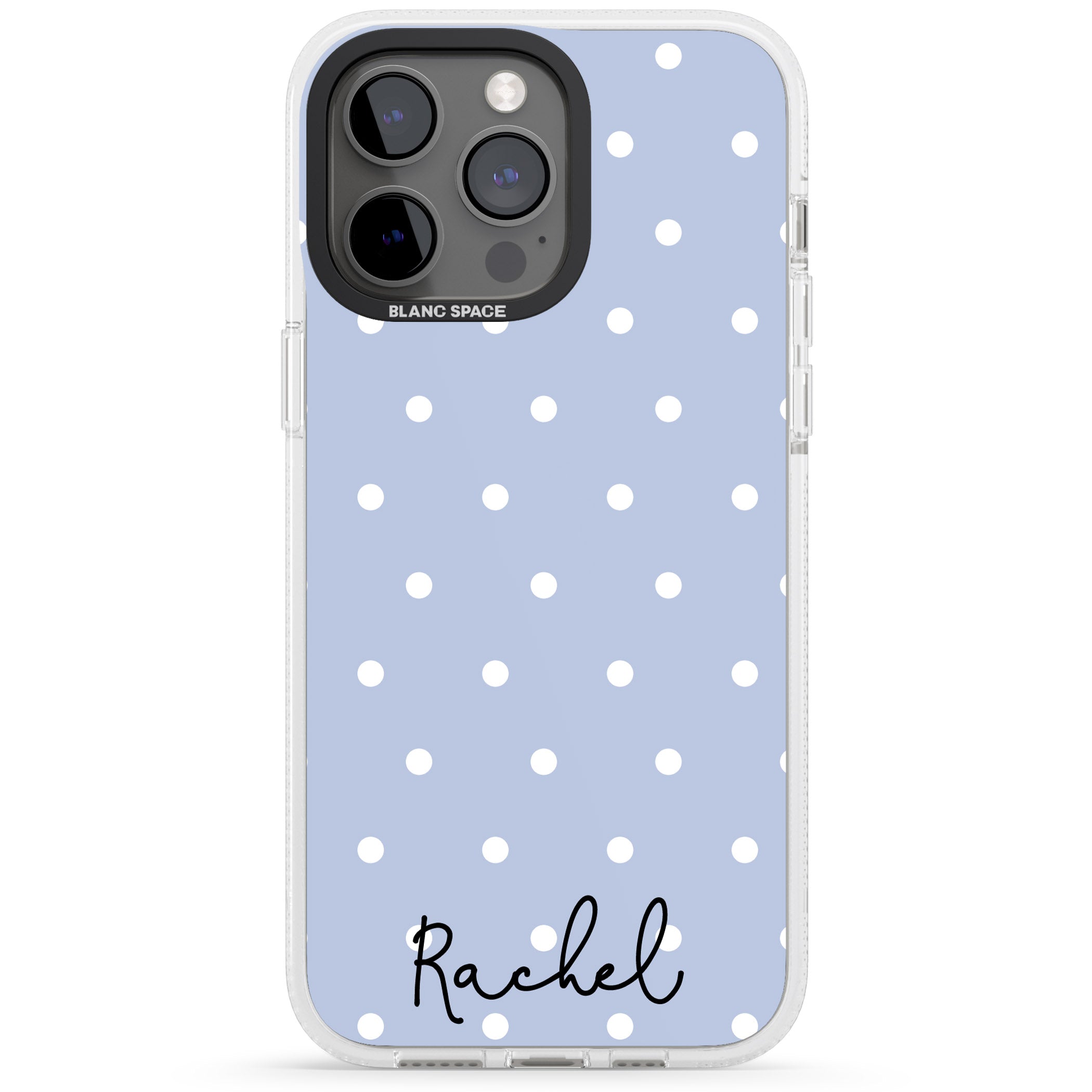 Personalised Simple Light Blue Dots iPhone 15 Pro Max / 15 Pro / 14 Pro Max / 14 Pro / 13 Pro Clear Case Impact Air - Blanc Space